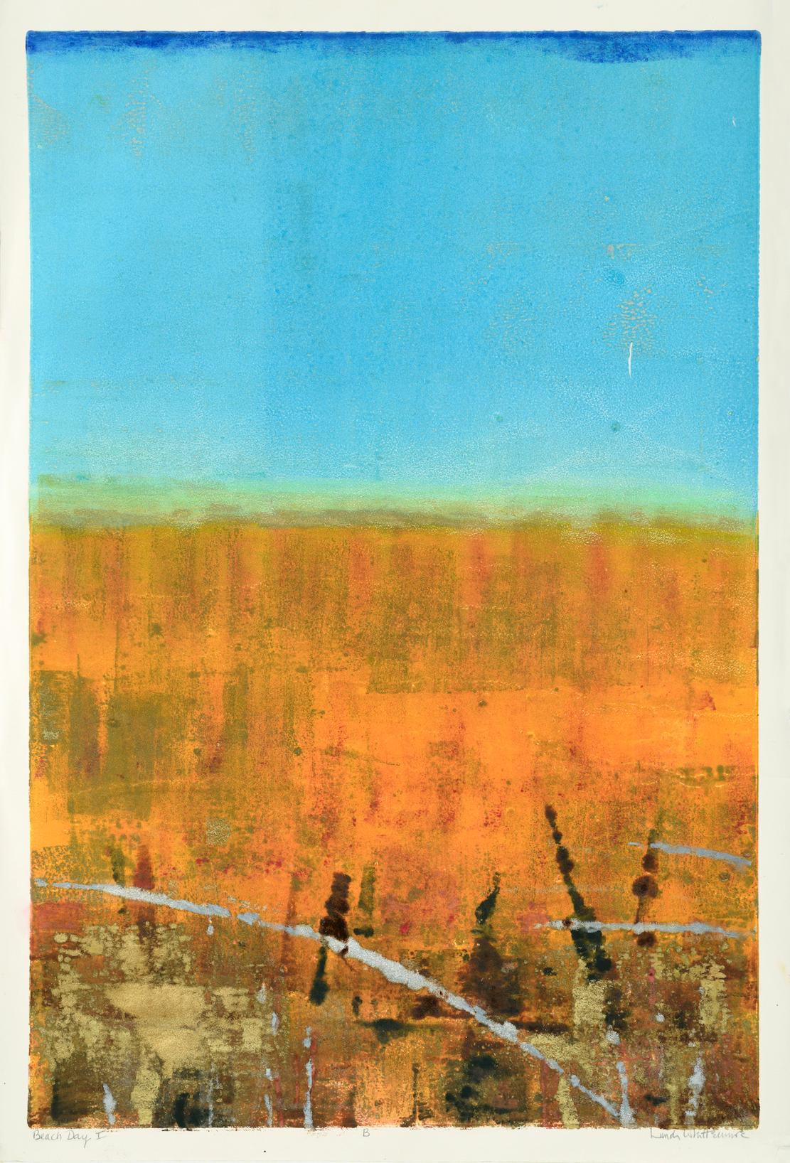 Linda Whittemore Abstract Print - "Beach Day '1B'" Mixed Media Abstract with bold blues, copper and gold accents