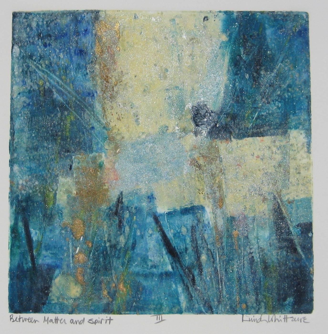 Rich blues and sea greens are streaked with pearlescent accents that play across this beautiful abstract original work "Between matter and Spirit III" by master print maker Linda Whittemore. This mixed media viscosity monotype displays all of the