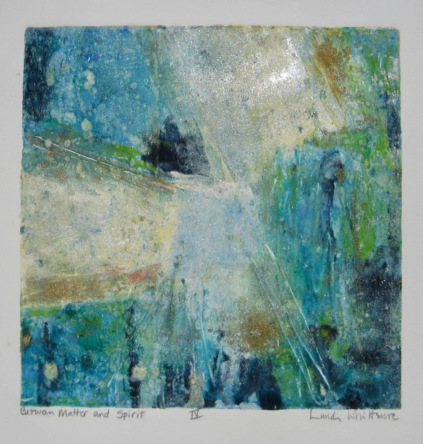 Rich blues and sea greens are streaked with pearlescent accents that play across this beautiful abstract original work "Between matter and Spirit IV" by master print maker Linda Whittemore. This mixed media viscosity monotype displays all of the