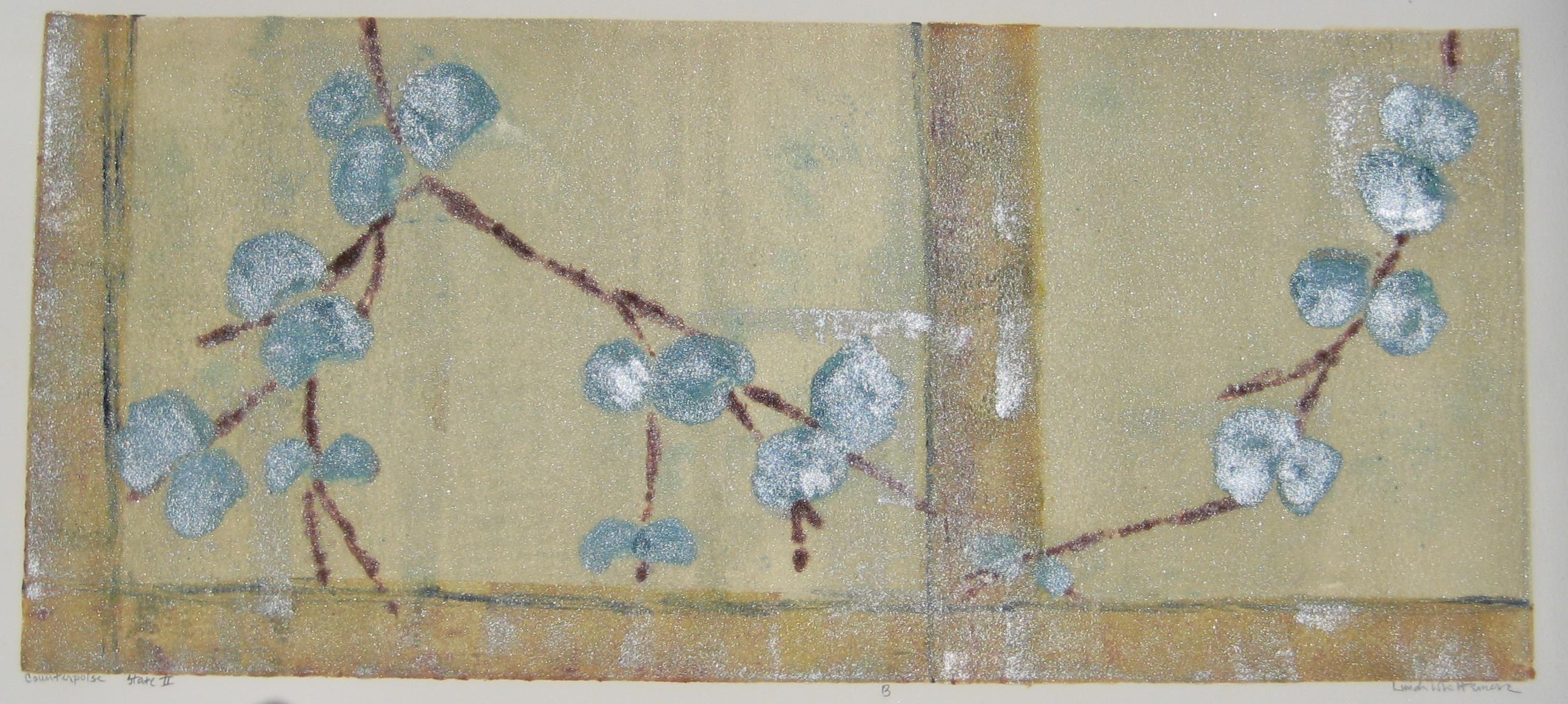 Azules suaves, óxido, amarillos dorados y acentos brillantes juegan a través de esta bella obra original semiabstracta "Counterpoise State II 'B' " de la maestra grabadora Linda Whittemore. Este monotipo viscoso de técnica mixta muestra toda la