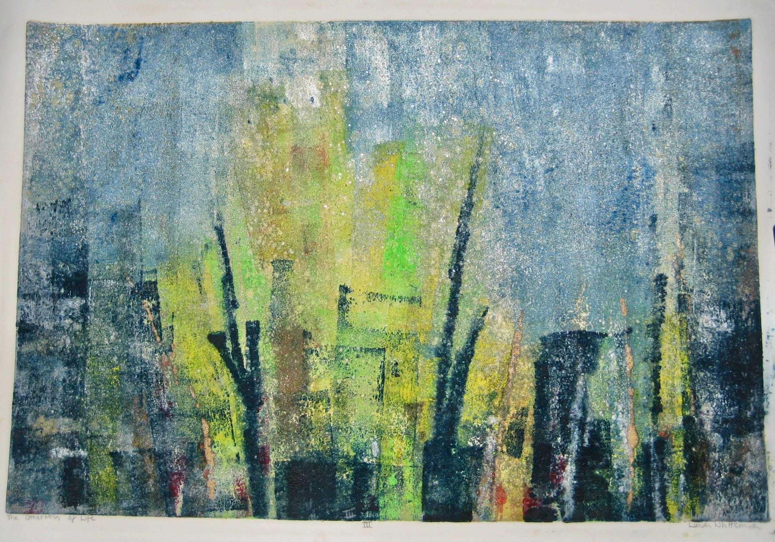 A full rich range of blues and greens are streaked with pearlescent accents that play across this dynamic abstract original work "The Otherness of Life III" by master print maker Linda Whittemore. This mixed media viscosity monotype displays all of