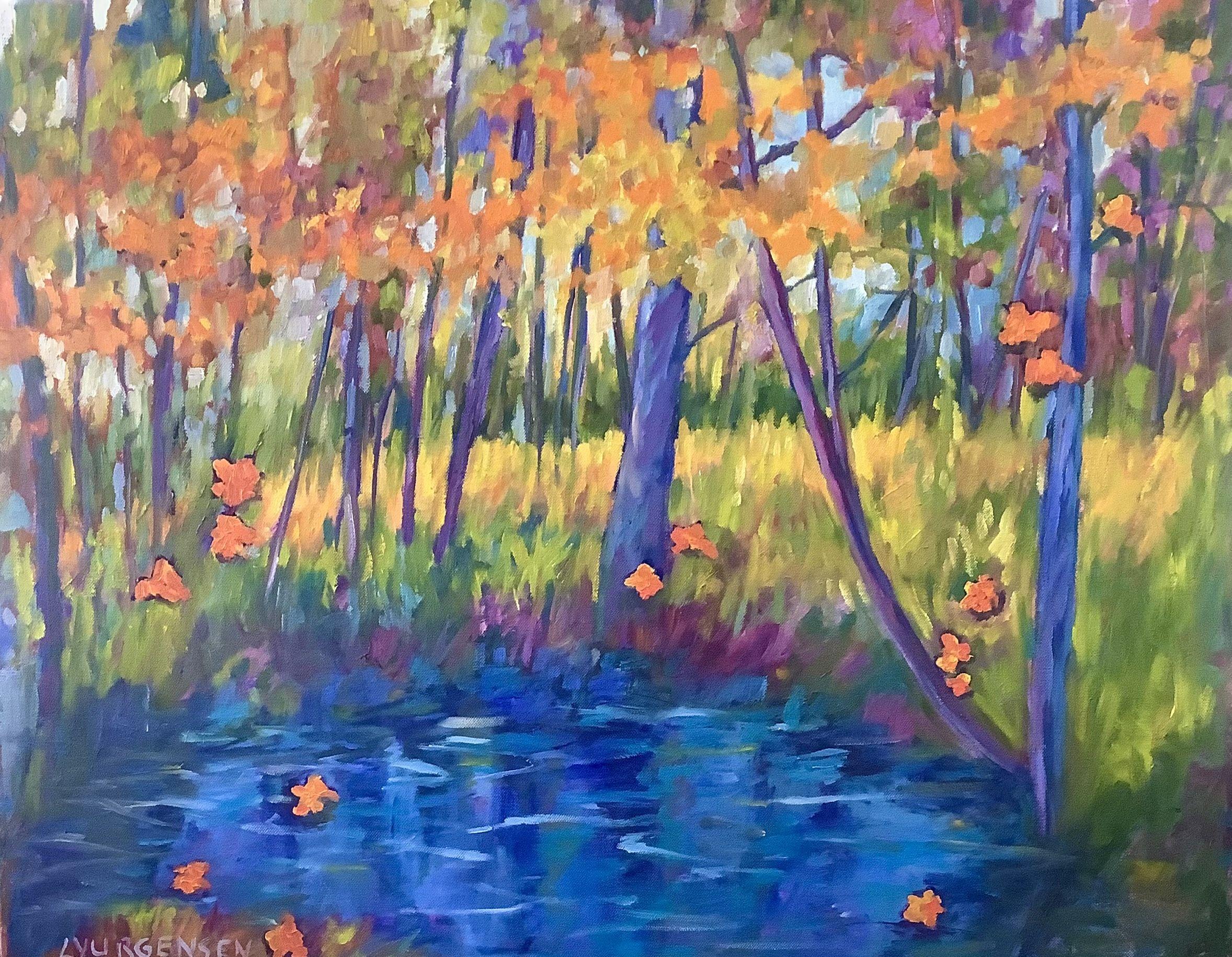 This painting is vibrant and colourful depicting the beautiful fall colours on Vancouver Island. The piece has been wired and the sides of the thick canvas are painted to complete the look.  :: Painting :: Impressionist :: This piece comes with an