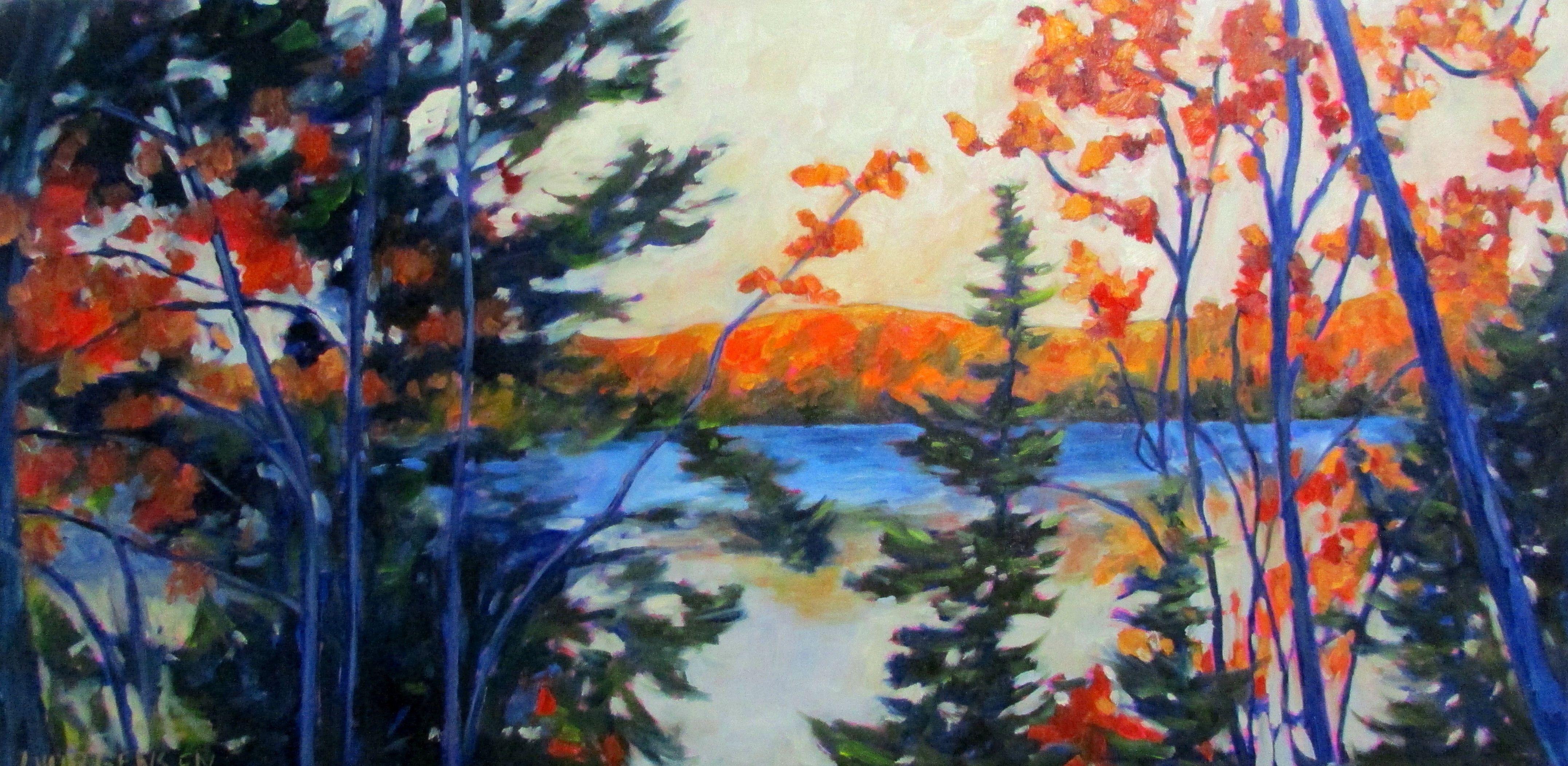 I love painting with orange and blue and this peaceful lake view seemed the perfect composition for this piece.  The sides of the slim canvas have been painted and the painting is wired on the back so that it may be hung immediately. Please remember