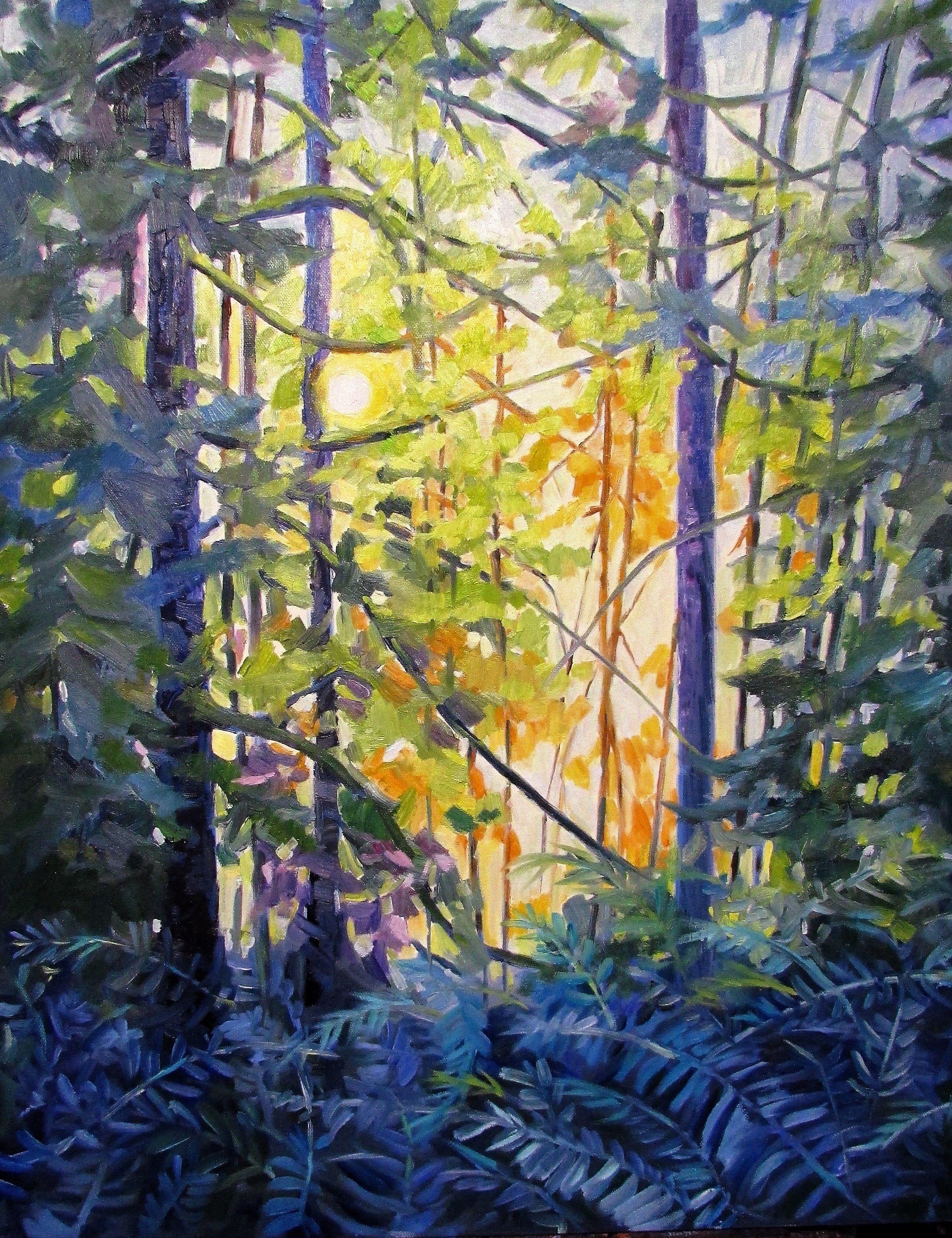 Una passeggiata nella foresta, Pittura, Olio su tela - Painting di Linda Yurgensen
