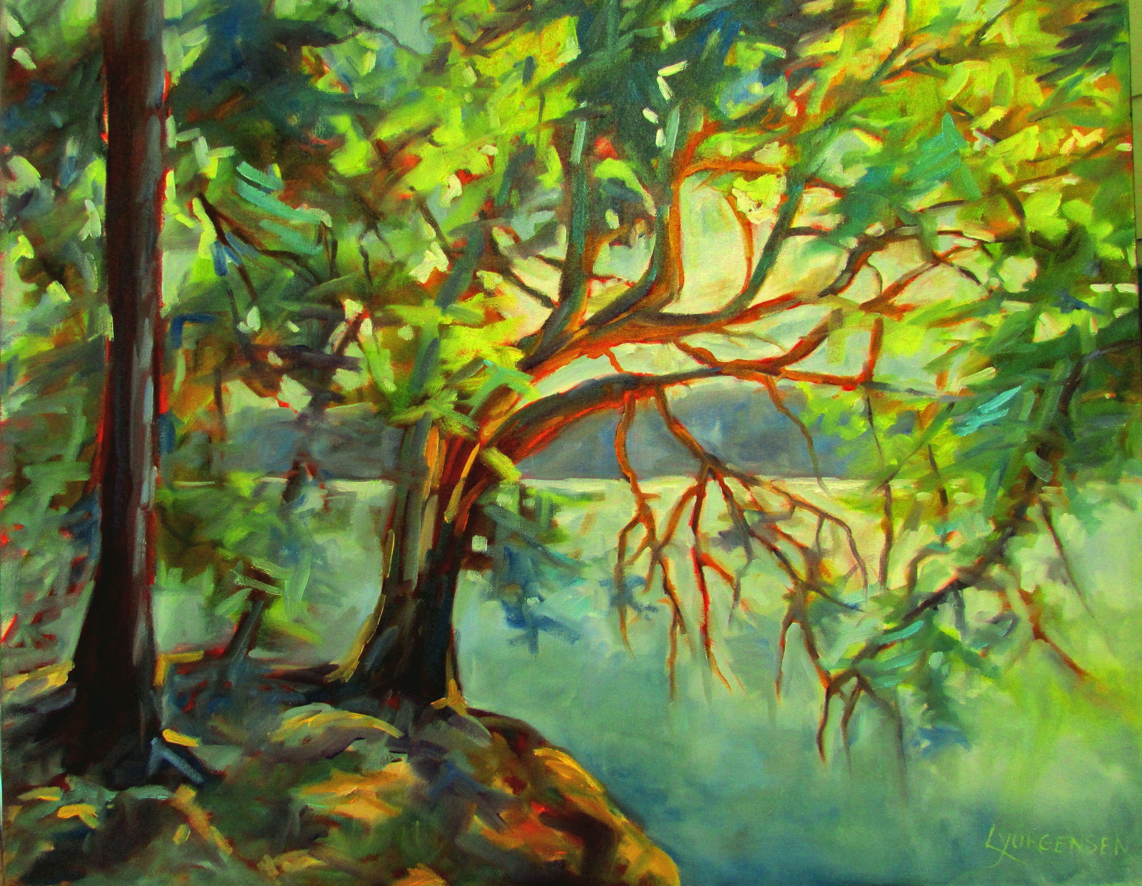 Corbezzolo, Isola di Wallace, Pittura, Olio su tela - Painting di Linda Yurgensen