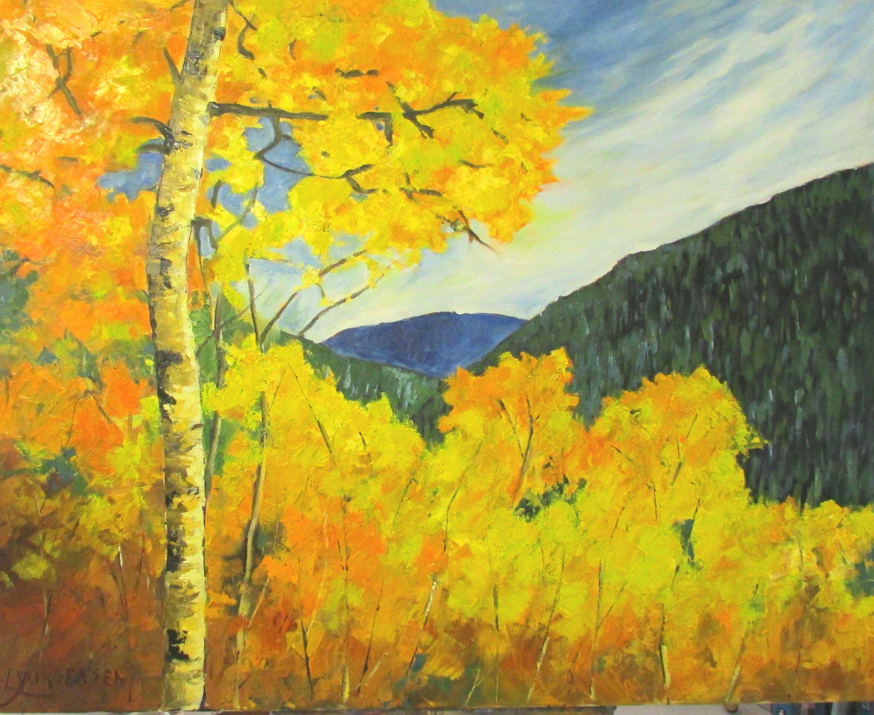 Betulla d'autunno, Pittura, Olio su tela - Painting di Linda Yurgensen