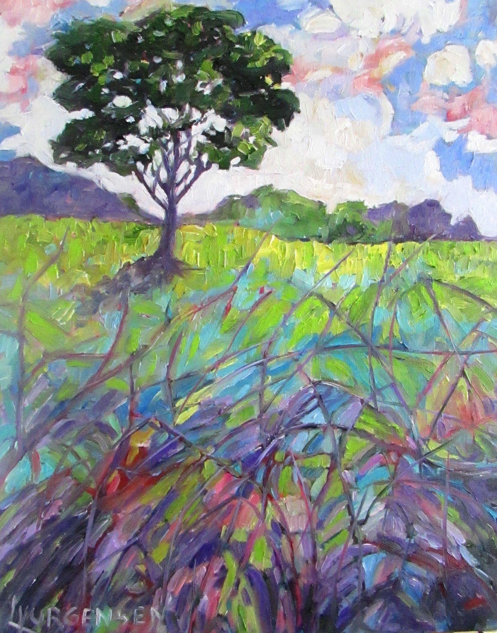 While out on a hike I came across this lone tree in a field of tall grasses beyond some thick blackberry brambles. I loved the intertwining of the brambles and the colorful grasses and made this painting that is full of thick texture and vibrant