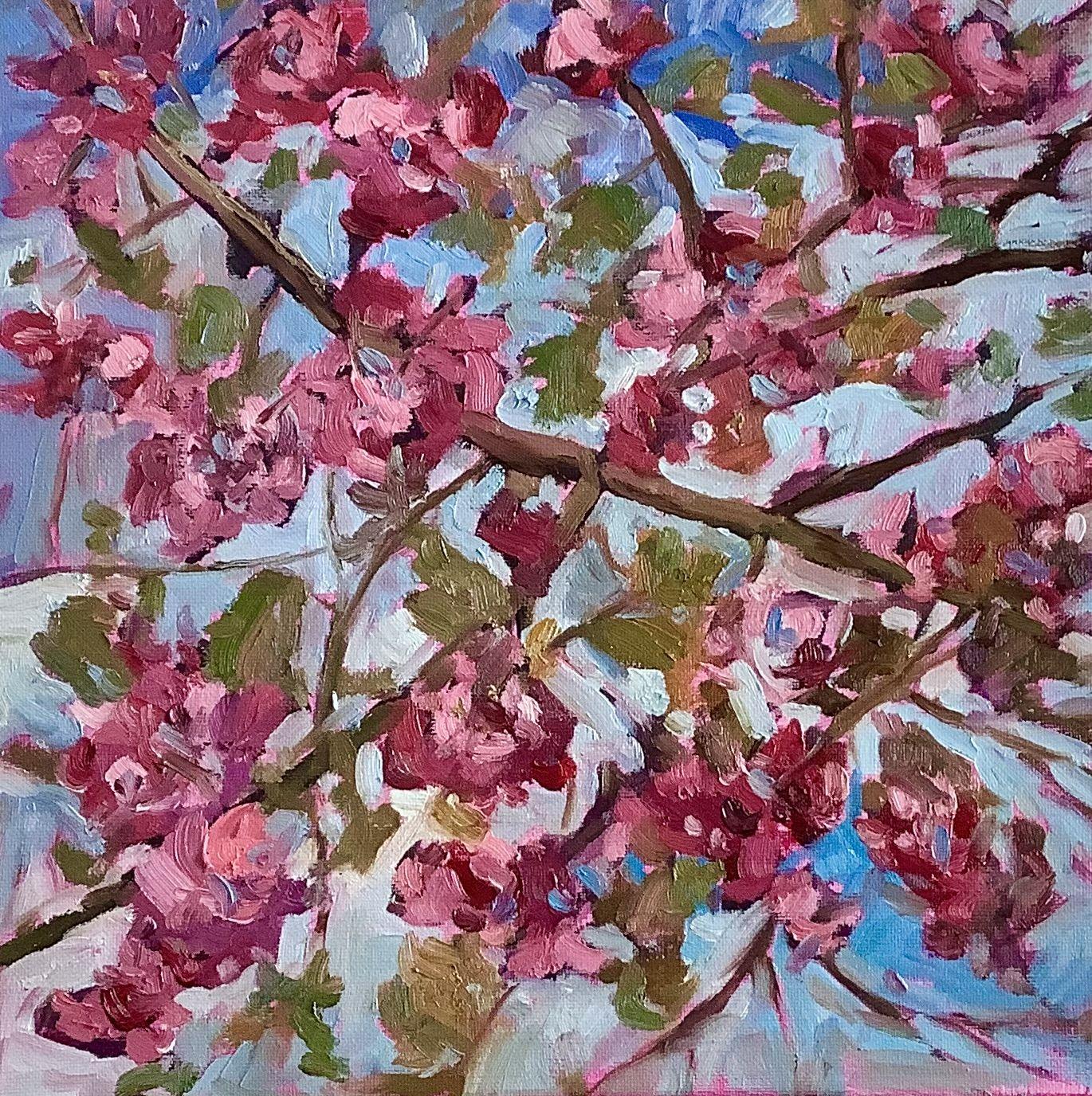This painting is a cheery representation of apple blossoms in the spring. The sides of the slim canvas have been painted.  :: Painting :: Impressionist :: This piece comes with an official certificate of authenticity signed by the artist :: Ready to