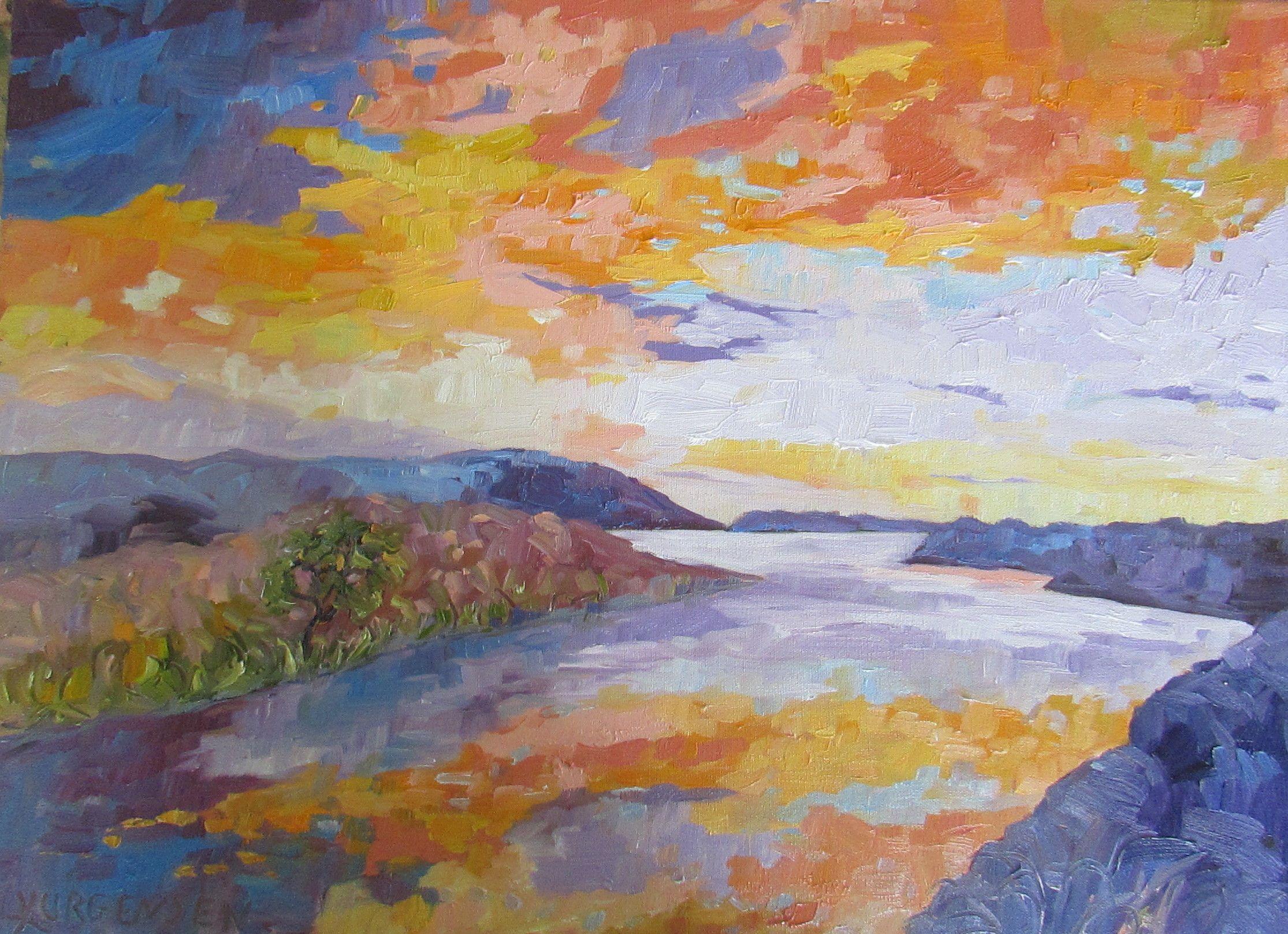 Storm clouds hover over the Cowichan Estuary creating beautiful reflections in the calm waters of the river.  The sides of the canvas have been painted to complete the look. This painting has a lot of soft lavenders and oranges that is hard to pick