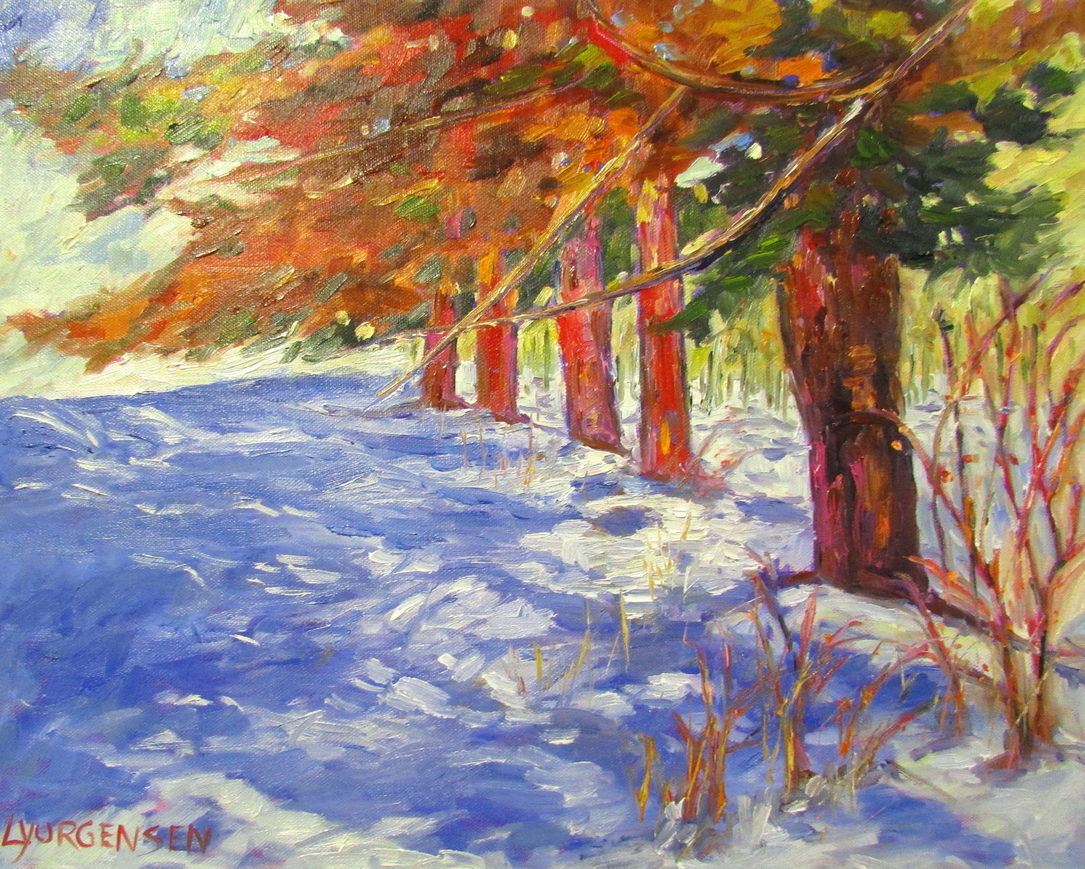 This is a colorful and vibrant interpretation of a first snow on Vancouver Island.  The sides of the gallery wrapped canvas have been painted so that it may be hung without a frame. :: Painting :: Impressionist :: This piece comes with an official