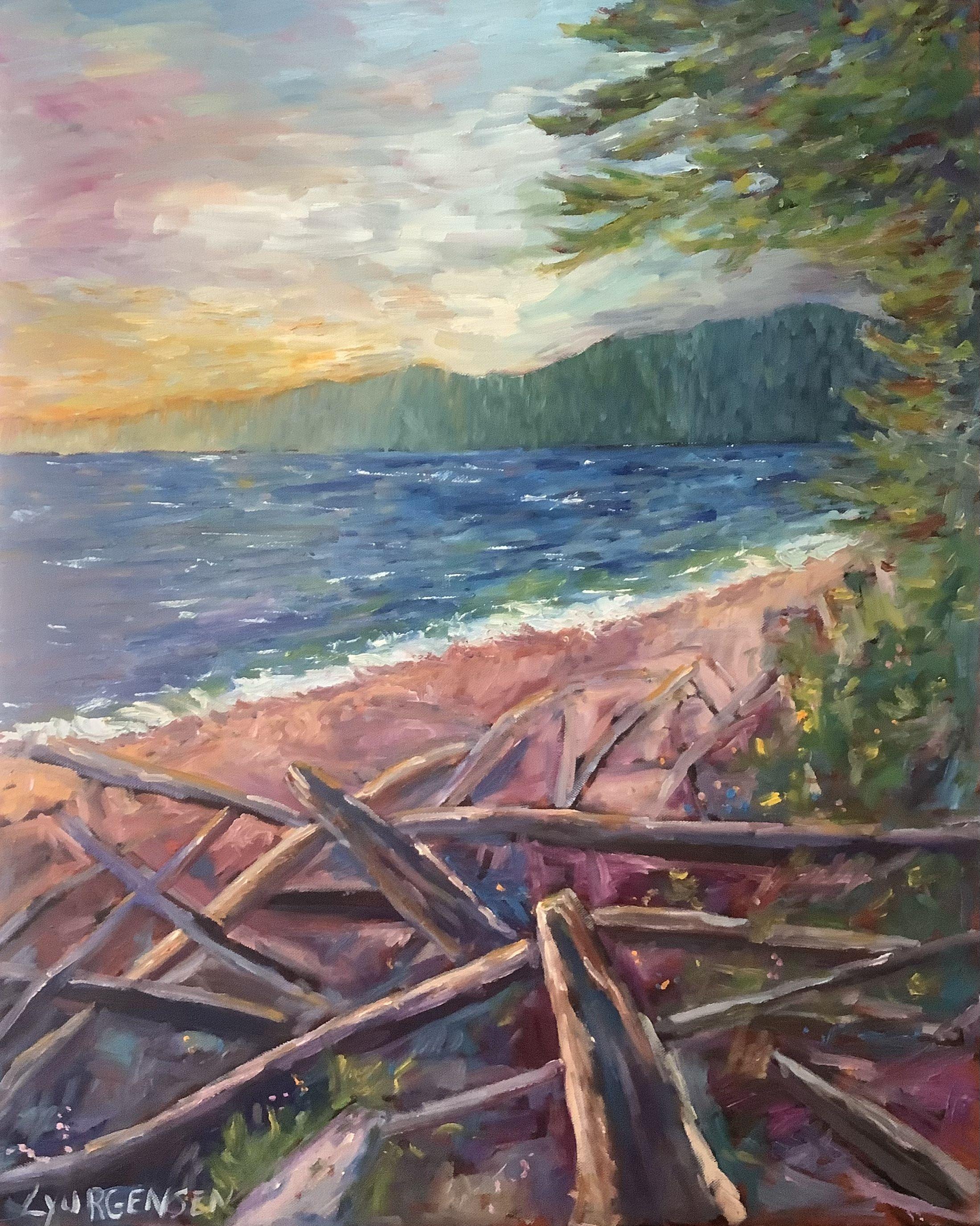 French beach can be found on the coast of Vancouver Island. The rugged and windswept beaches are a favourite area to paint. The sides of the thick canvas are painted to complete the look.  :: Painting :: Impressionist :: This piece comes with an
