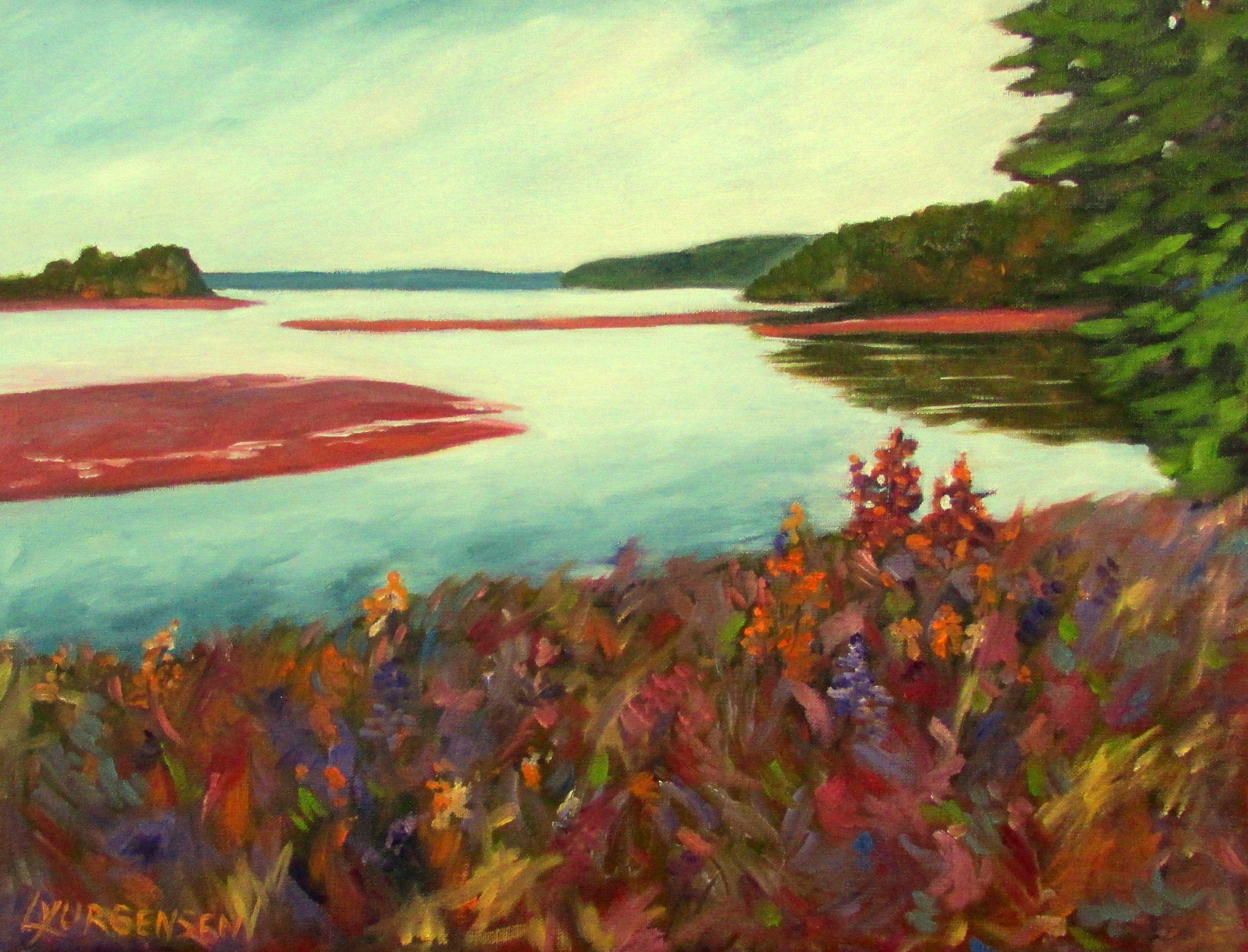 I did an artist residency in Parrsboro, Nova Scotia in the summer and painted this scene many times.  This area sees 40ft tides on a regular basis.  It is quite spectacular. The sides of the slim profile canvas have been painted on this piece. ::