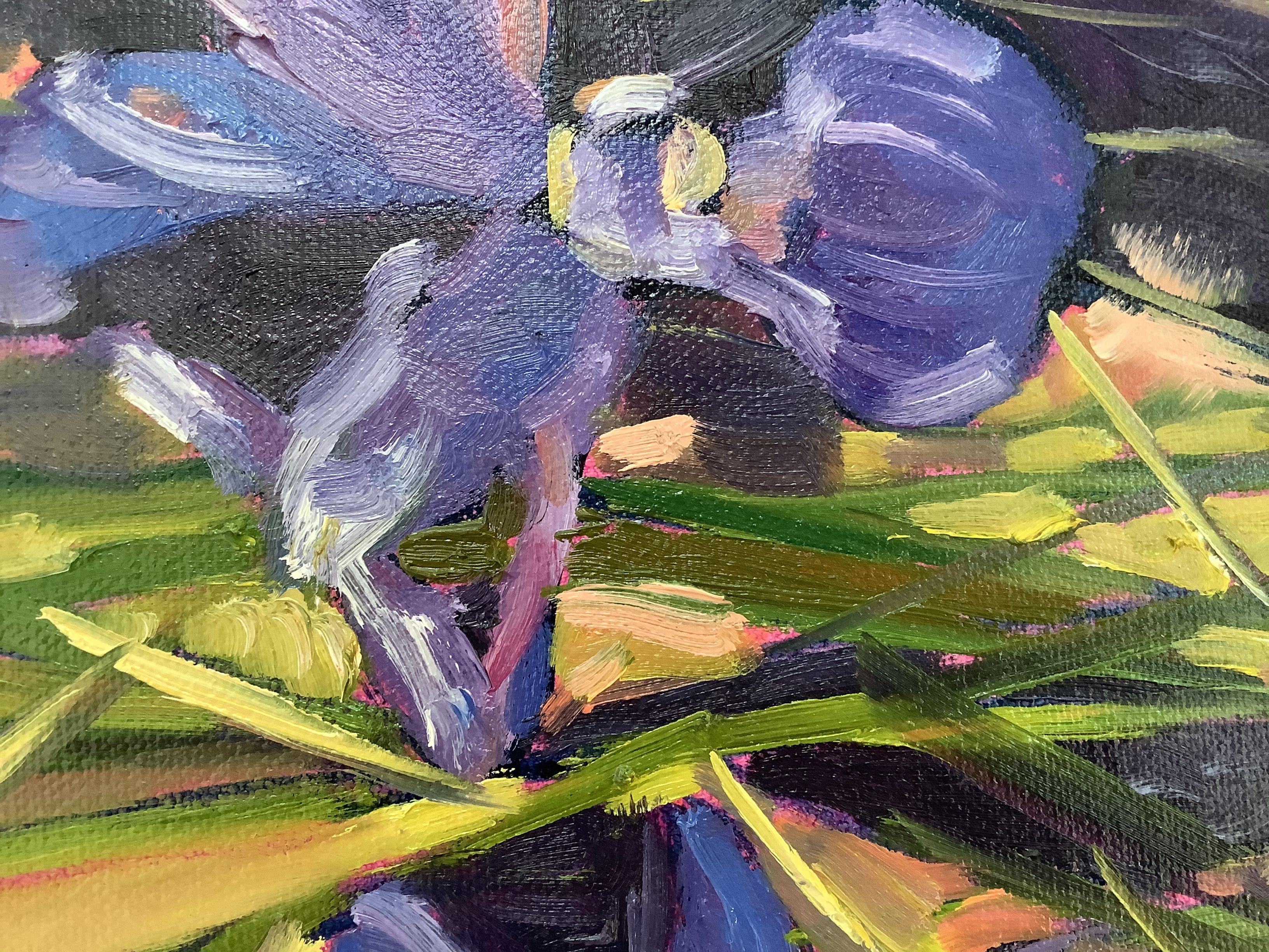L'estate scorsa gli iris del mio giardino erano straordinari e ho grandi speranze anche per quest'anno.  I colori dell'opera sono vivaci e la tela, avvolta in una galleria, è ricca di texture.  I lati della tela sono stati dipinti per rifinire