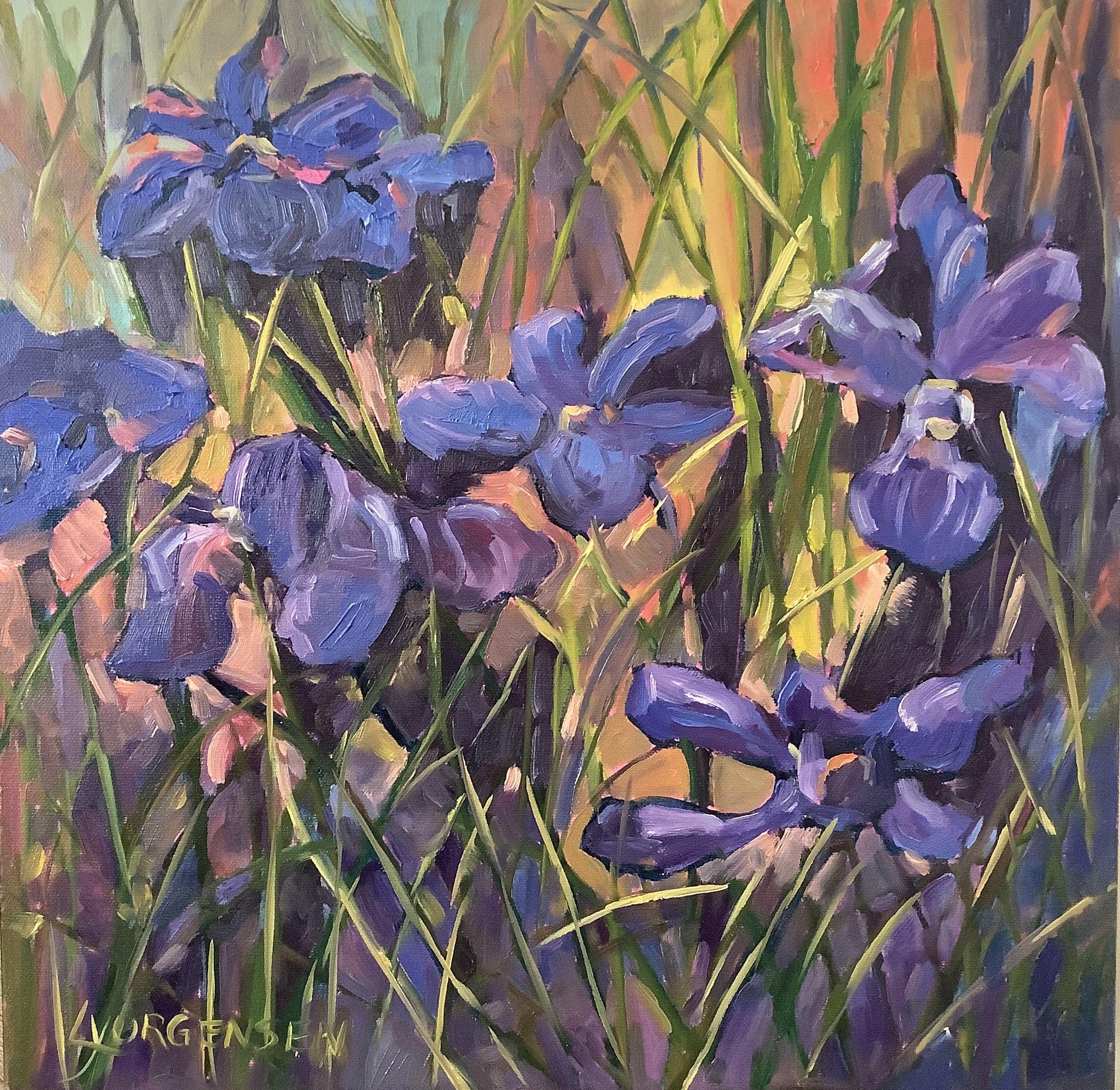 Iris del giardino, Pittura, Olio su tela - Painting di Linda Yurgensen