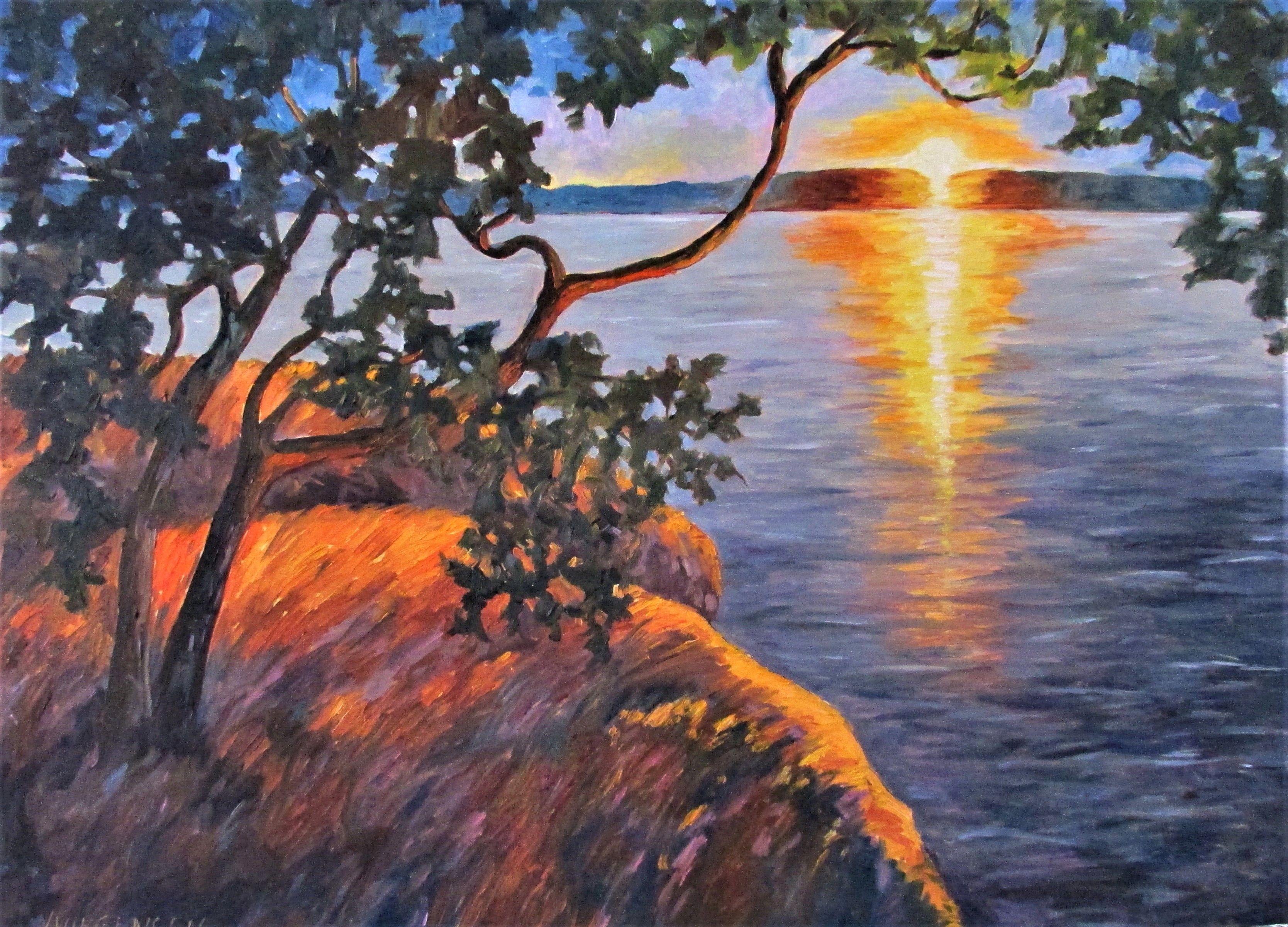 The Gulf Islands are situated off the coast of Vancouver Island and are famous for the spectacular sunsets that can be witnessed there.  The arbutus trees are tinged with orange as the sun is setting behind the hills. This painting is vibrant with
