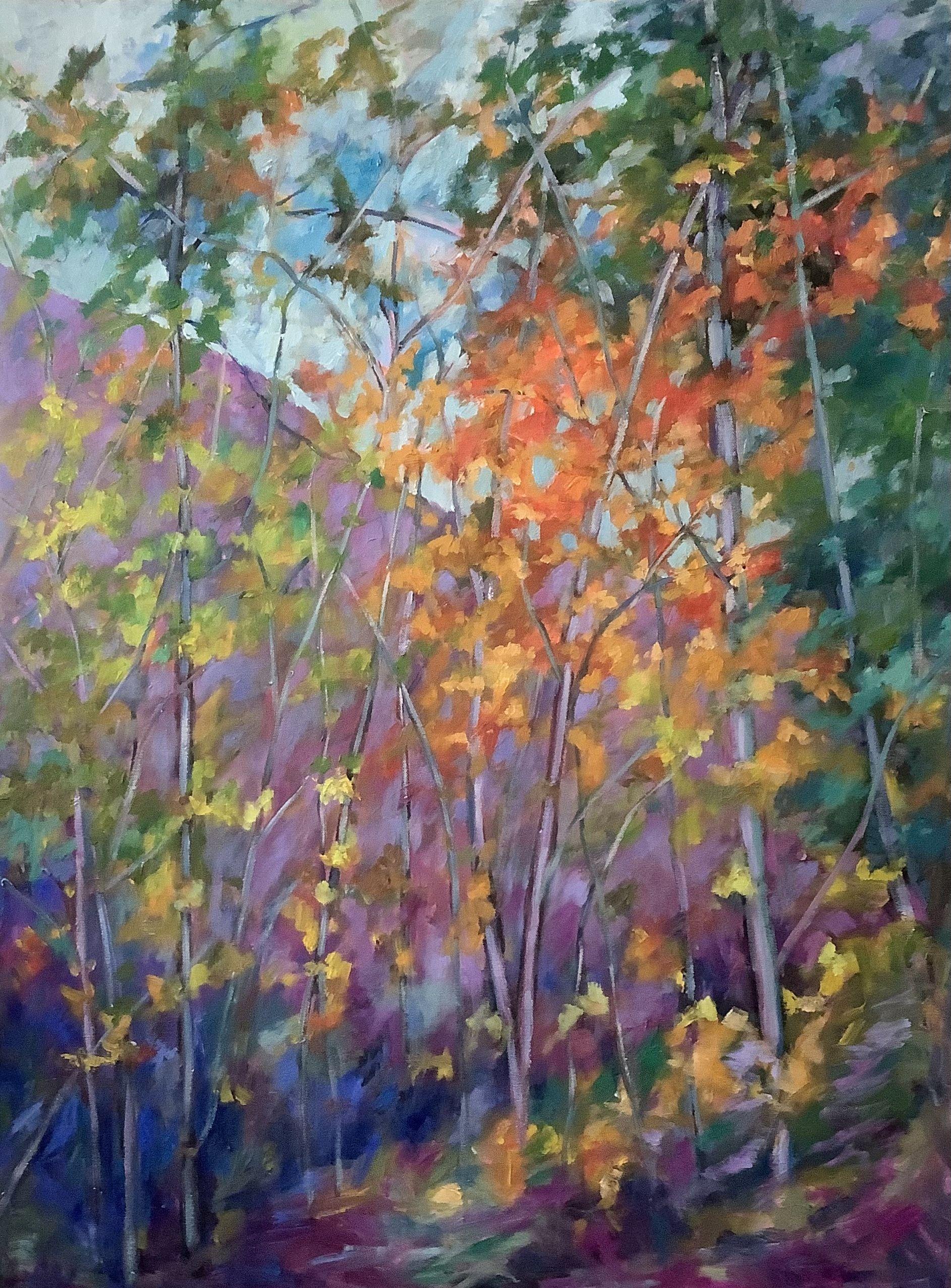 This piece is colourful and impressionist showcasing the brilliance of the landscape during the autumn months here on Vancouver Island. This large piece is wired and ready to hang when it arrives at your home and the sides of the thick canvas have