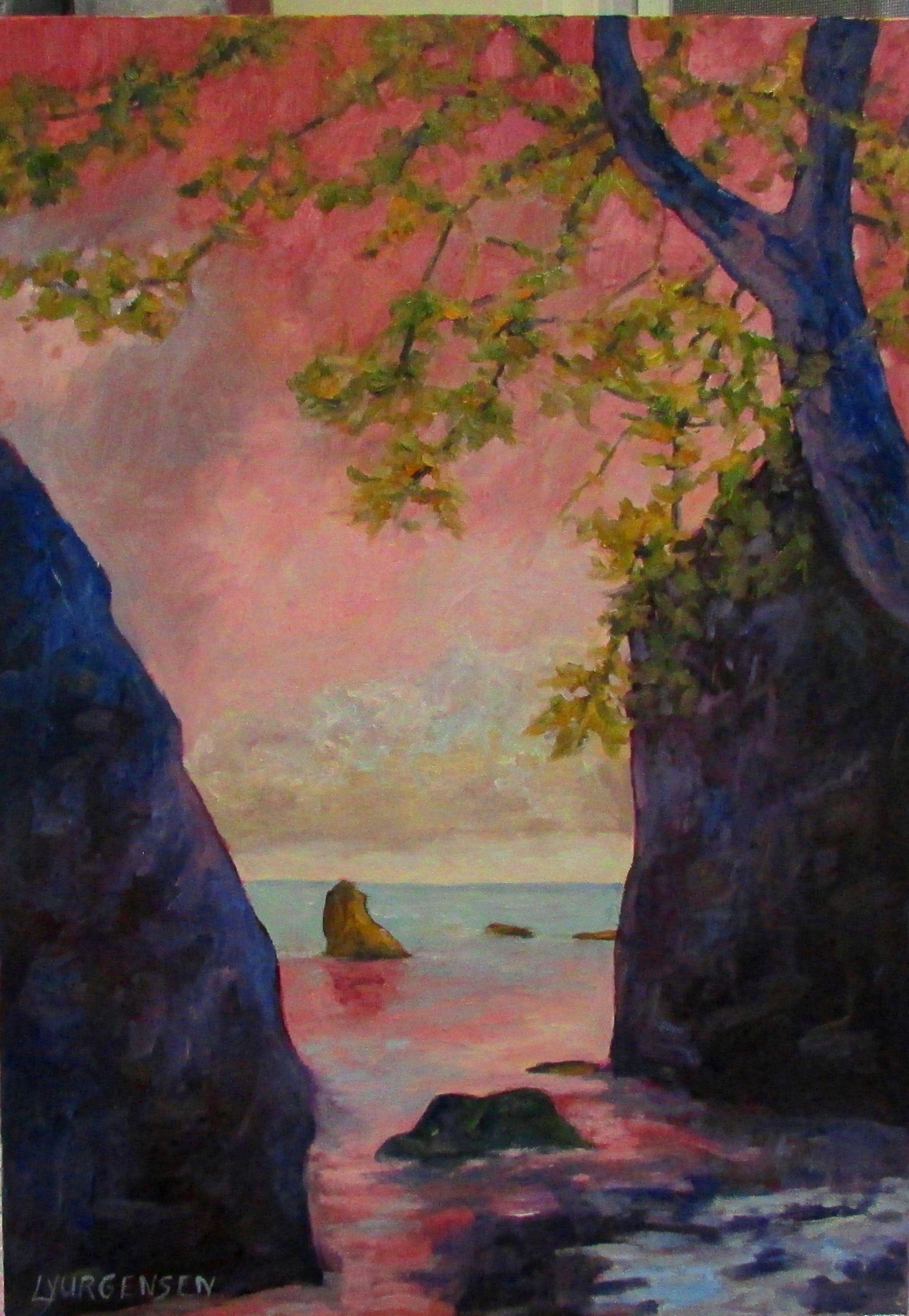 I took this reference at one of the stunning beaches on the West Coast of Vancouver Island.  The view is looking out onto the expanse of the Pacific Ocean.  This painting is lovely with hues of purple and pink.  The sides of the slim canvas have