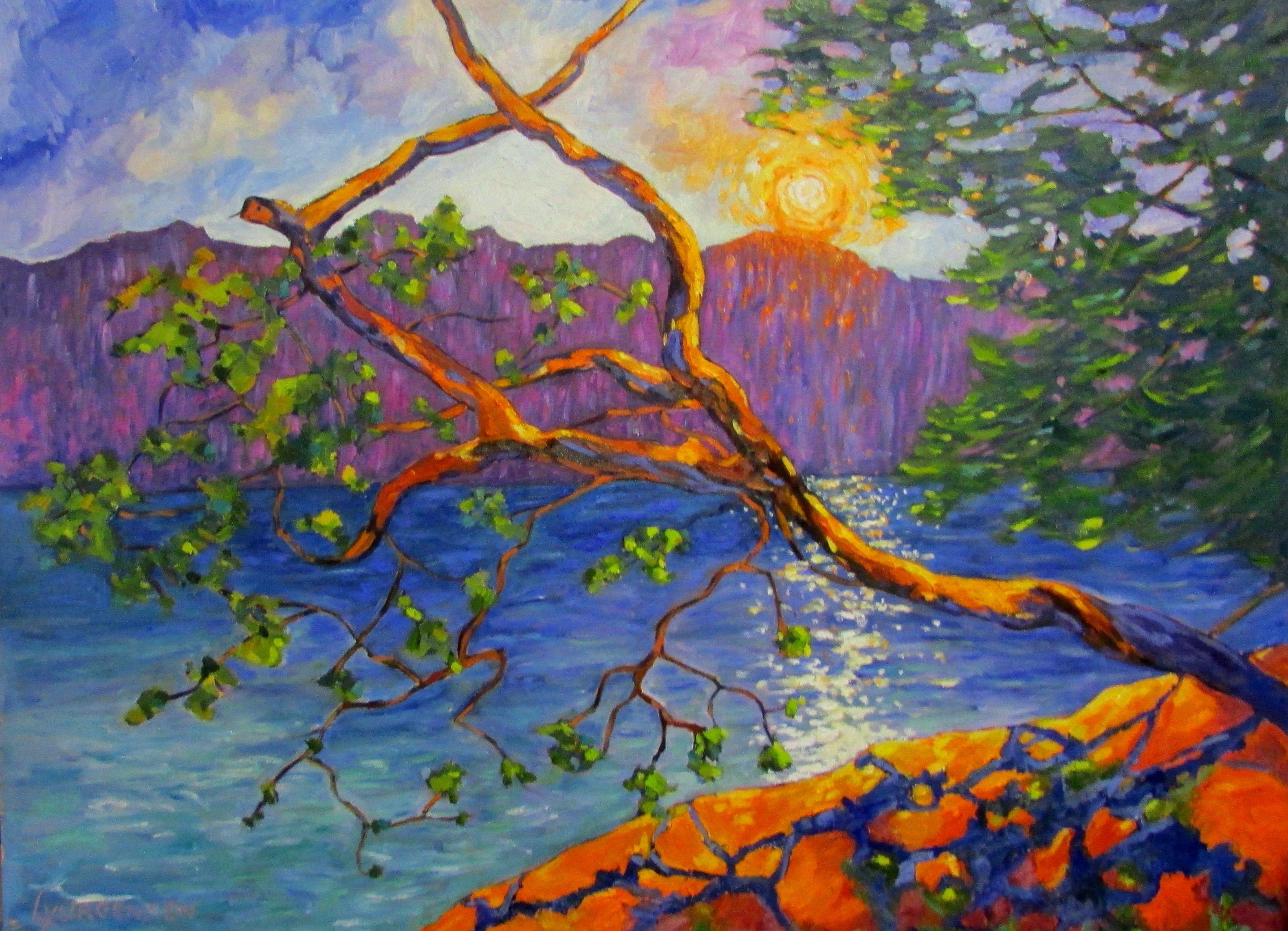 Veduta dell'isola di corbezzolo, Pittura, Olio su tela - Painting di Linda Yurgensen