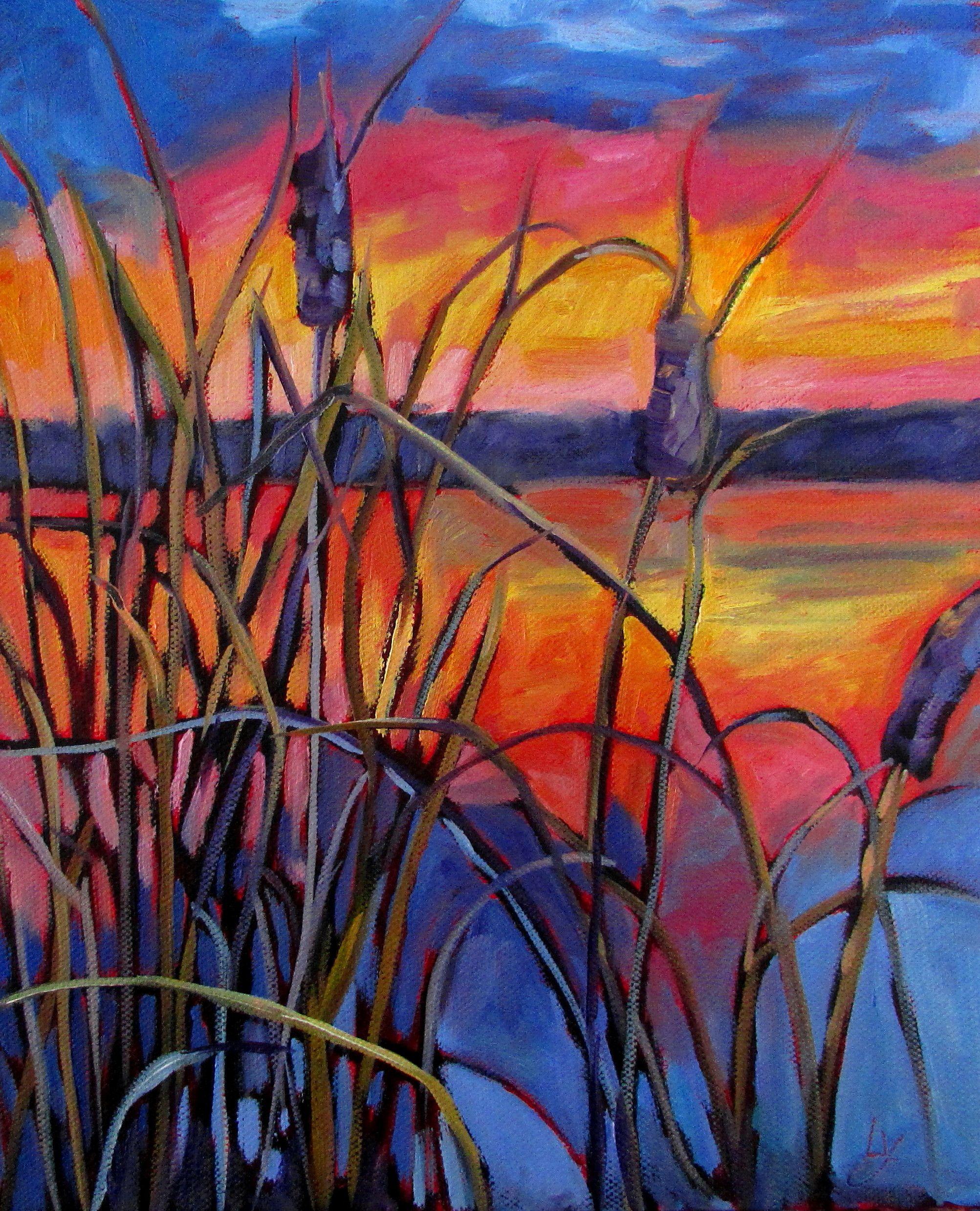 This painting is an impressionistic and colorful rendition of a view of a marsh.  The sides of the gallery wrapped canvas have been painted so that the piece may be hung without a frame. :: Painting :: Impressionist :: This piece comes with an