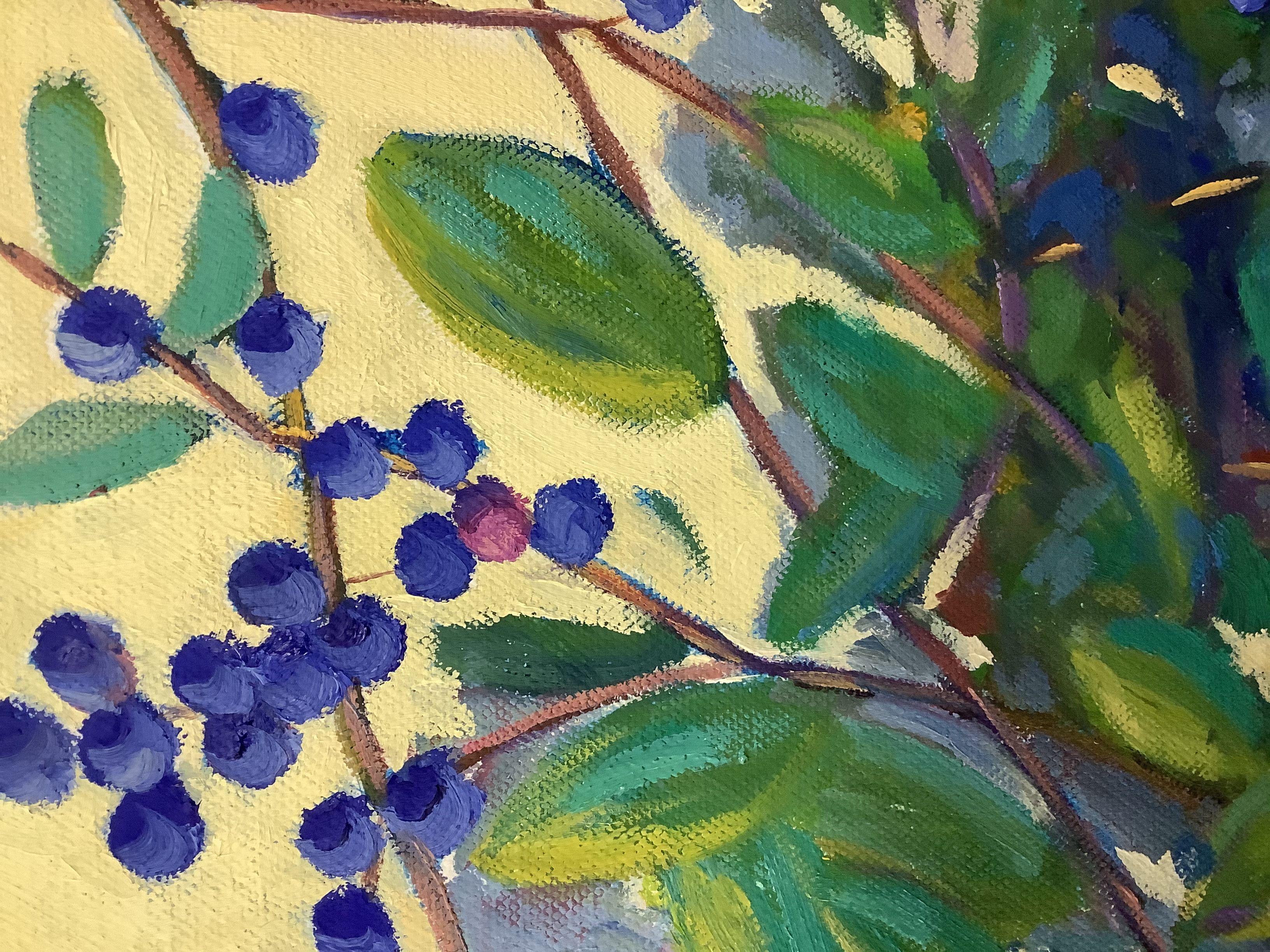 Questo pezzo è molto colorato e vivace e i lati della tela avvolta in una galleria sono stati dipinti e il retro è cablato, rendendolo pronto per essere appeso in stile senza cornice. Questi mirtilli selvatici sono stati trovati in un parco Nature