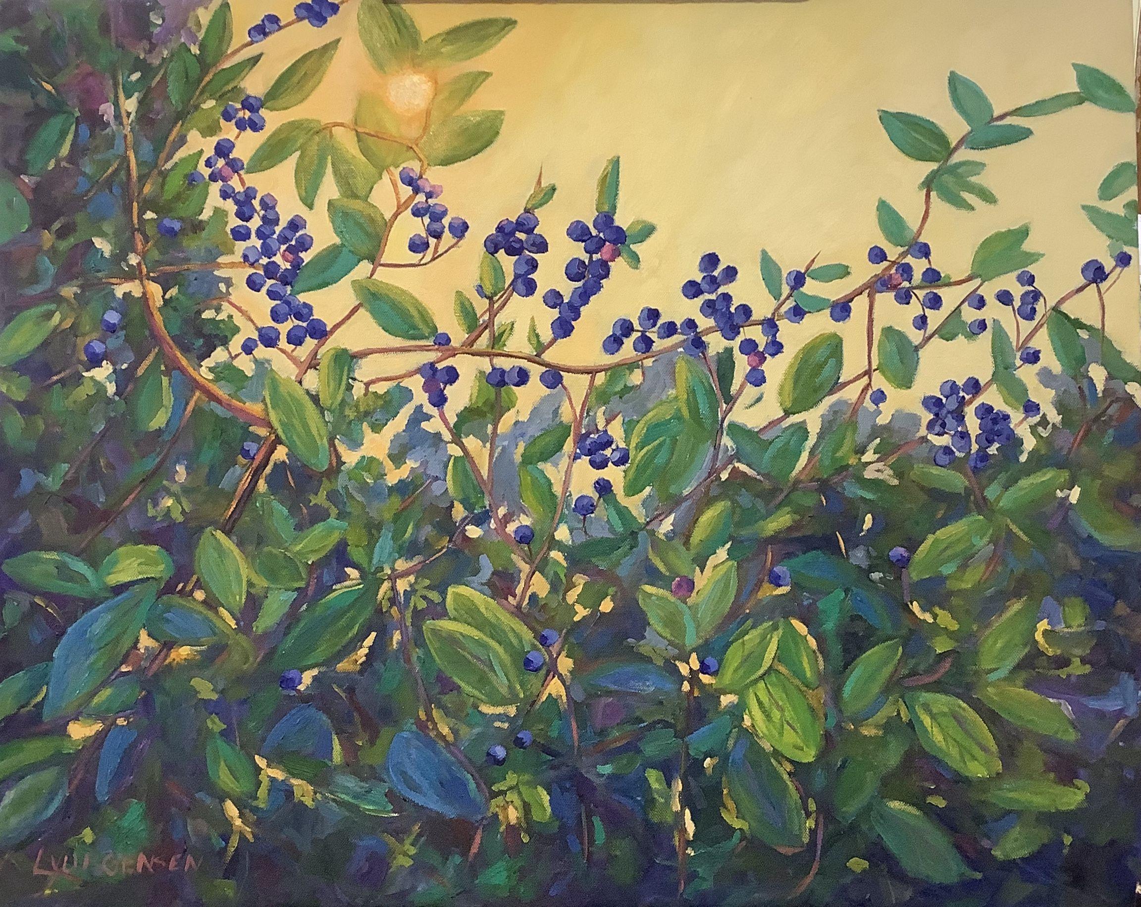 This piece is very colourful and vibrant and the sides of the gallery wrapped canvas have been painted and the back is wired making it ready to hang in the frameless style. These wild blueberries were found in a nature park in Vancouver, BC.  ::