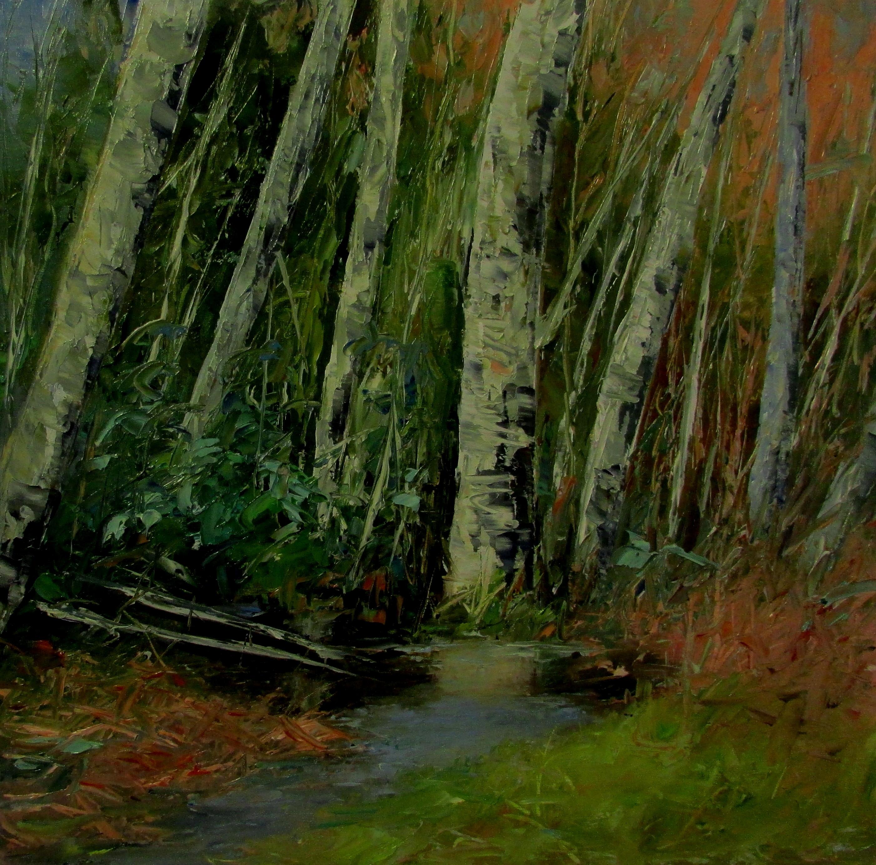 One Day on a Hike, Gemälde, Öl auf Holzplatte – Painting von Linda Yurgensen