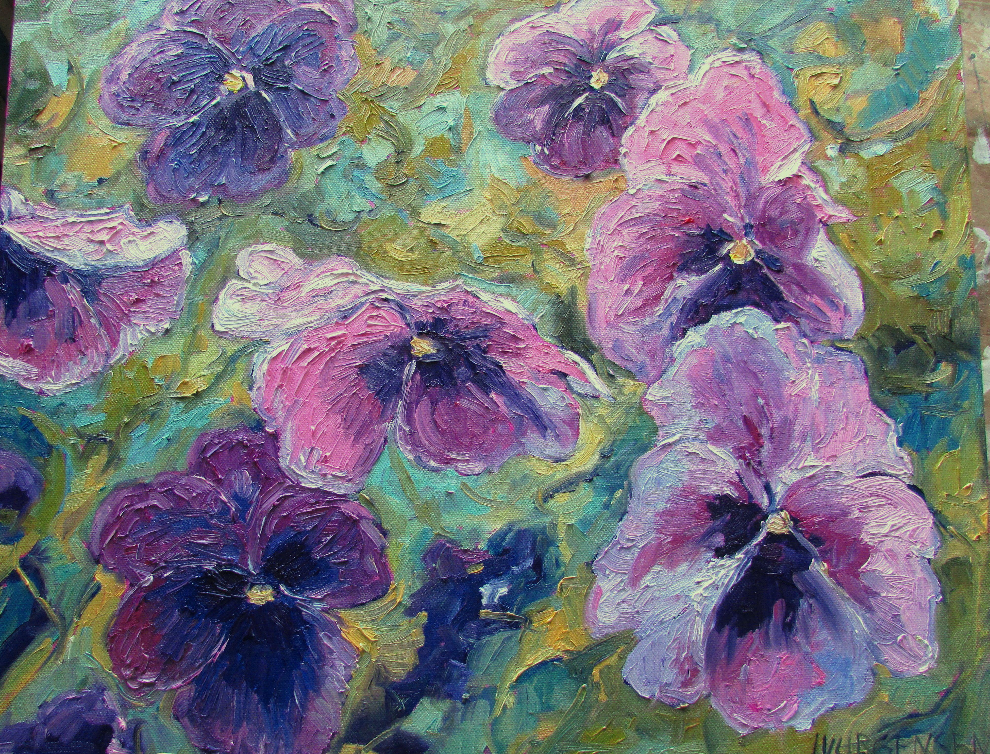 Viole del pensiero, Pittura, Olio su tela - Painting di Linda Yurgensen