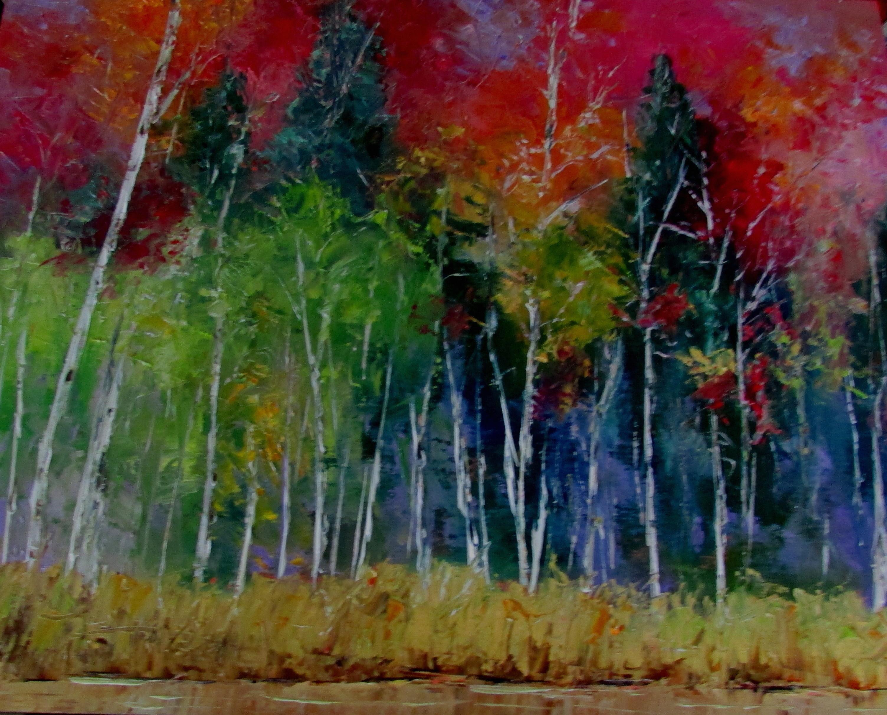 The colors in this painting are very vibrant and pure with a lot of texture on the surface.  The sides of the birch panel are painted to compliment the painting so that it is ready to hang on your wall without a frame if so desired. :: Painting ::