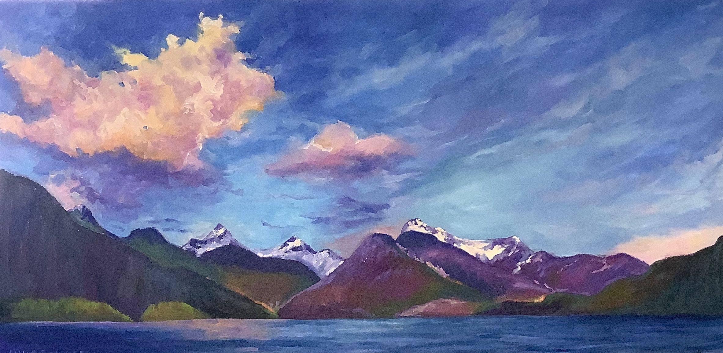 Powell lake is on the coastal region of British Columbia and is a source of inspiration for this painting. On this particular day the clouds stole the show and I wanted to make them the star of this painting. The sides of the slender canvas have