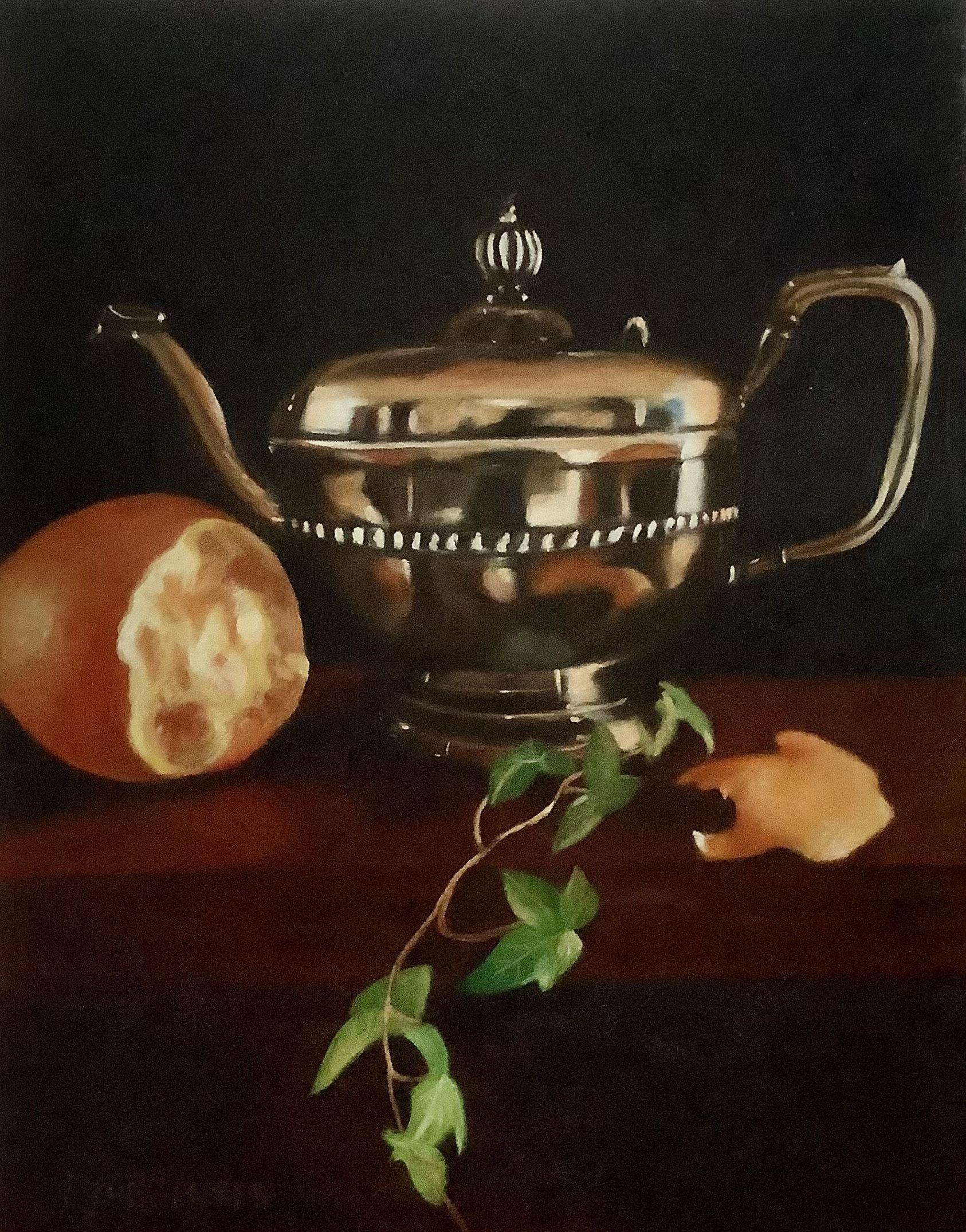 Linda Yurgensen Still-Life Painting – Silber und Orange, Gemälde, Öl auf Leinwand