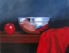 Silver Bowl and Apple, Painting, Acrylic on Canvas