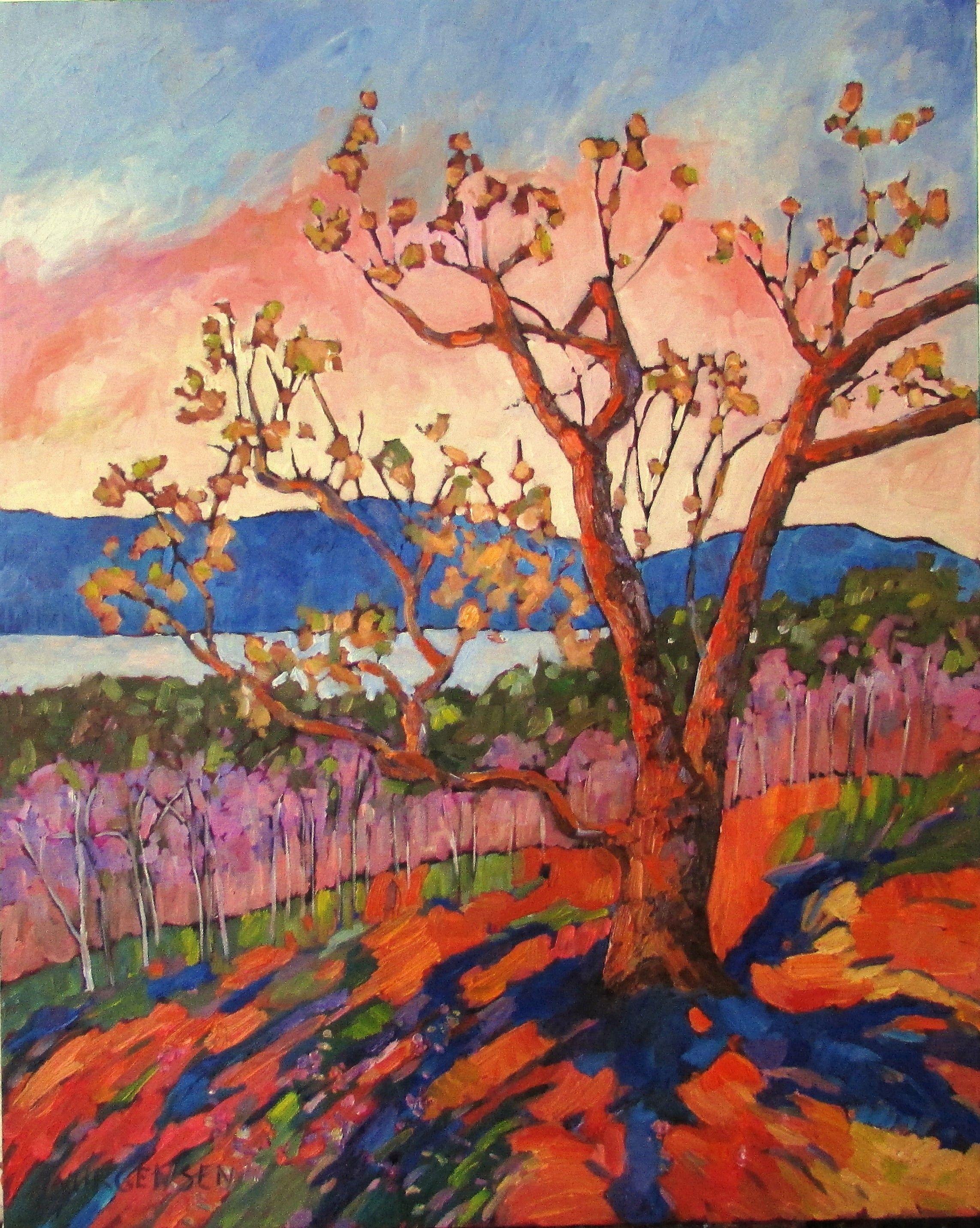 Primavera al lago Quamichan, Pittura, Olio su tela - Painting di Linda Yurgensen