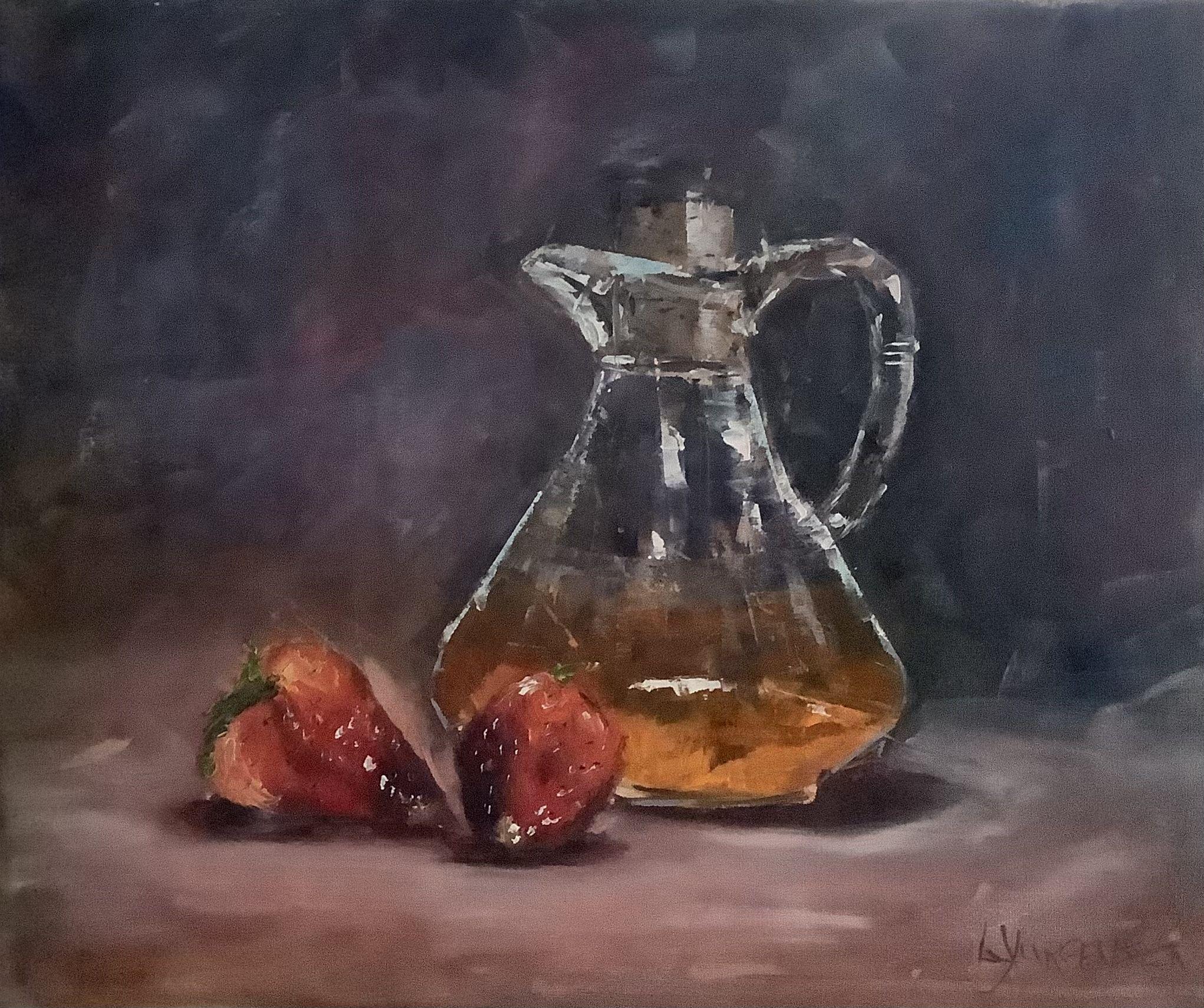 Linda Yurgensen Still-Life Painting - Strawberries and Vinegar, Painting, Oil on Canvas