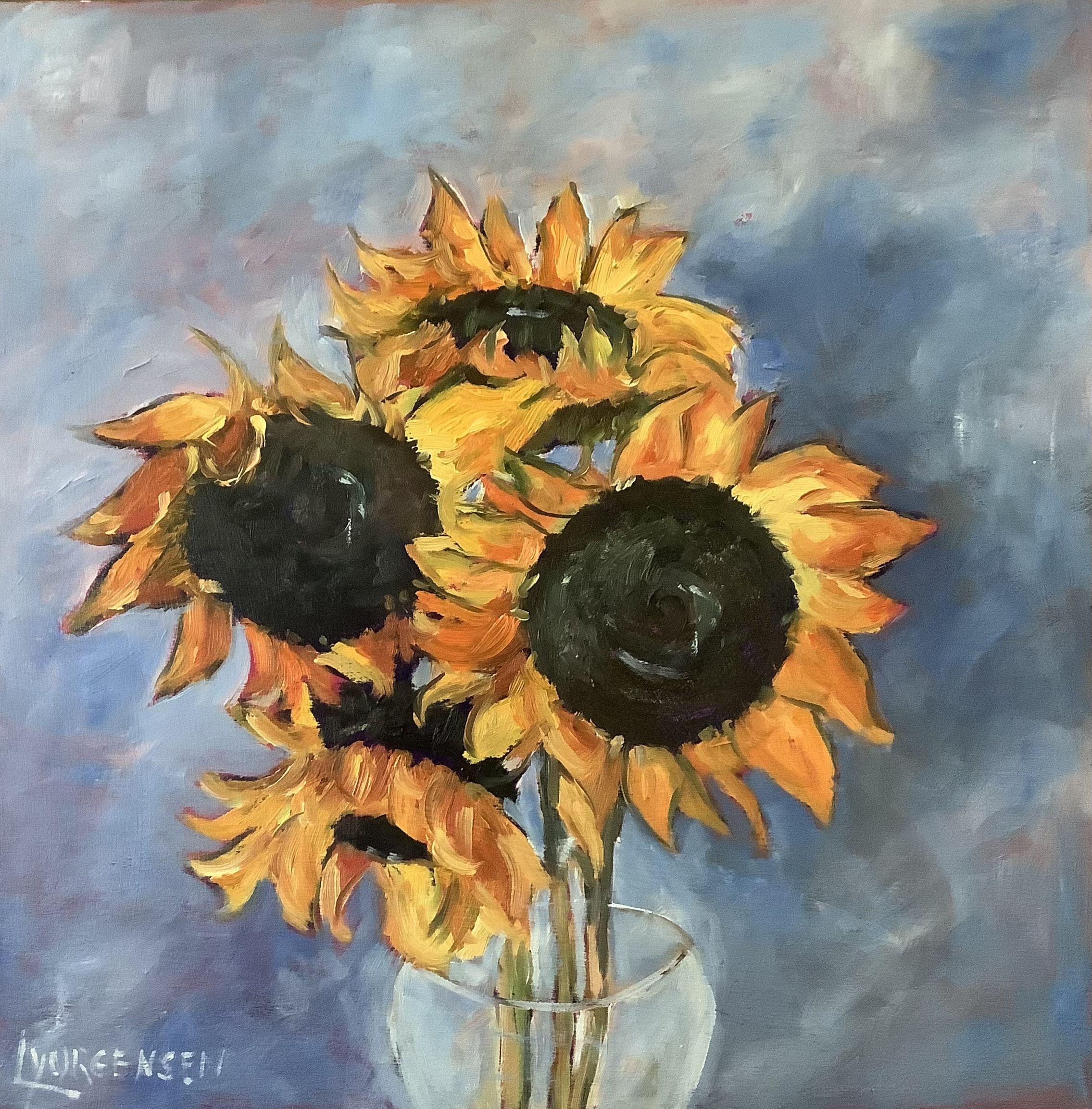 Sunflowers are one of my favorite flowers in the garden.  These beauties were just waiting to be painted.  The painting is done on a cradled wood panel with a 1.50 inch profile and the sides have been painted to finish the piece.  The brush strokes