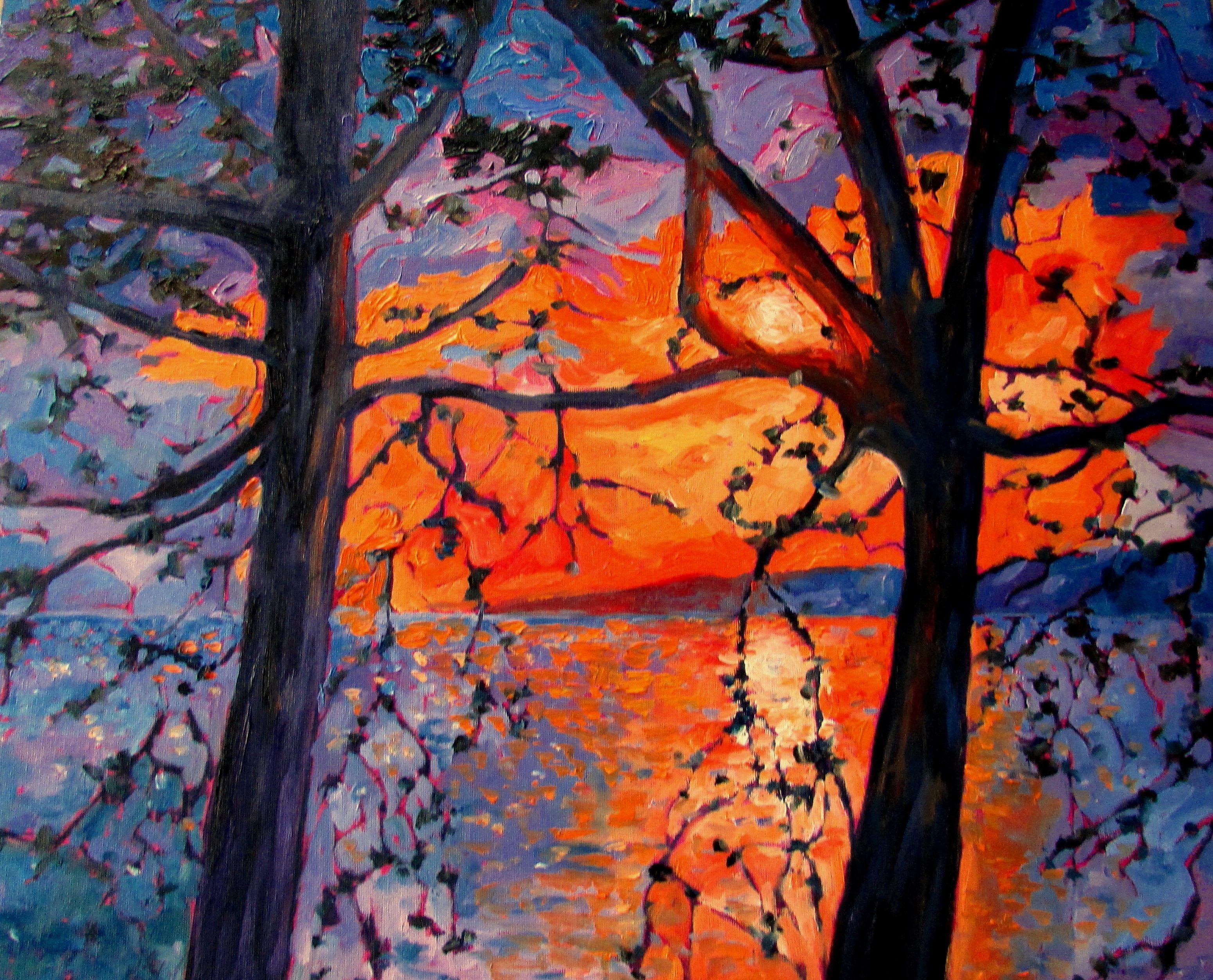 Vista del tramonto, Pittura, Olio su tela - Painting di Linda Yurgensen