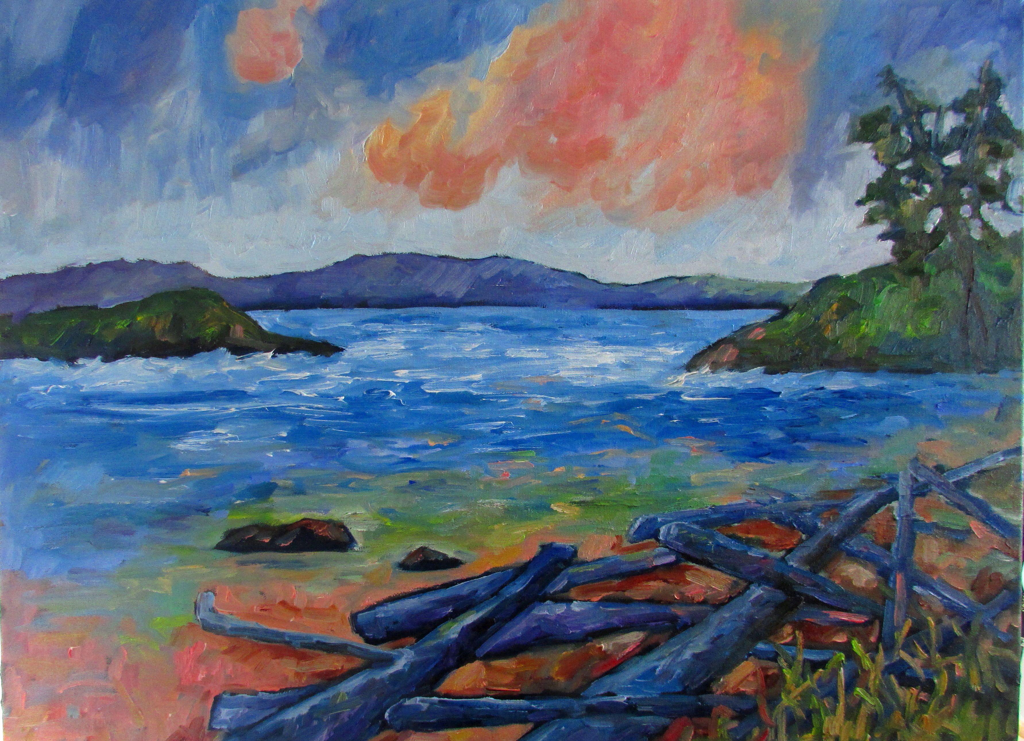 Tofino is on the west coast of Vancouver Island and is an area of rugged beauty.  The power of the Pacific ocean regularly tosses huge logs up onto the beach after the winter storms. This painting is vivid and textural and the sides of the slim
