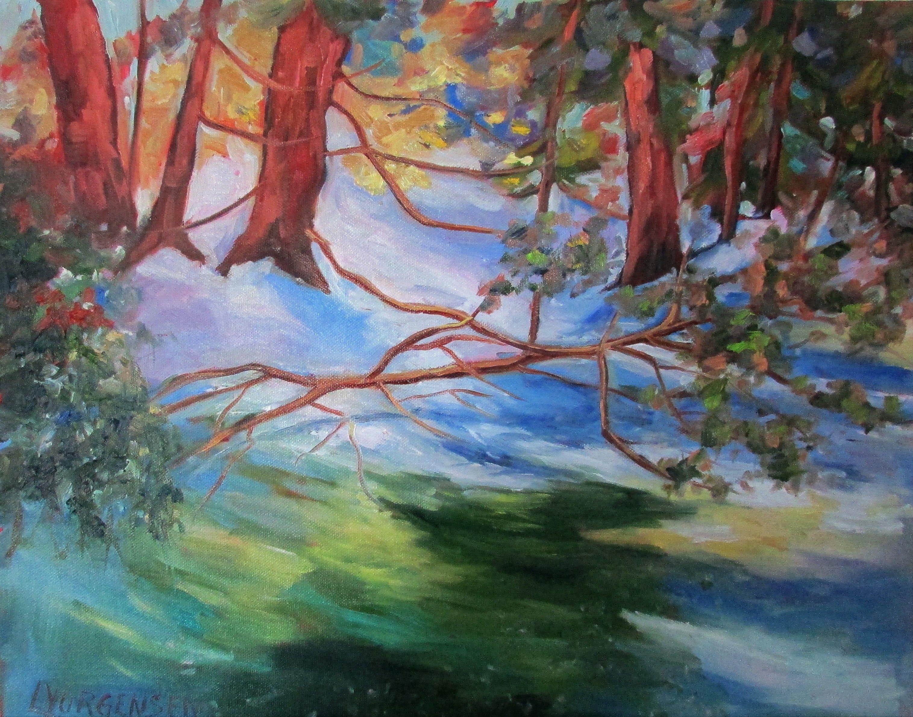 Ruscello d'inverno, Pittura, Olio su tela - Painting di Linda Yurgensen