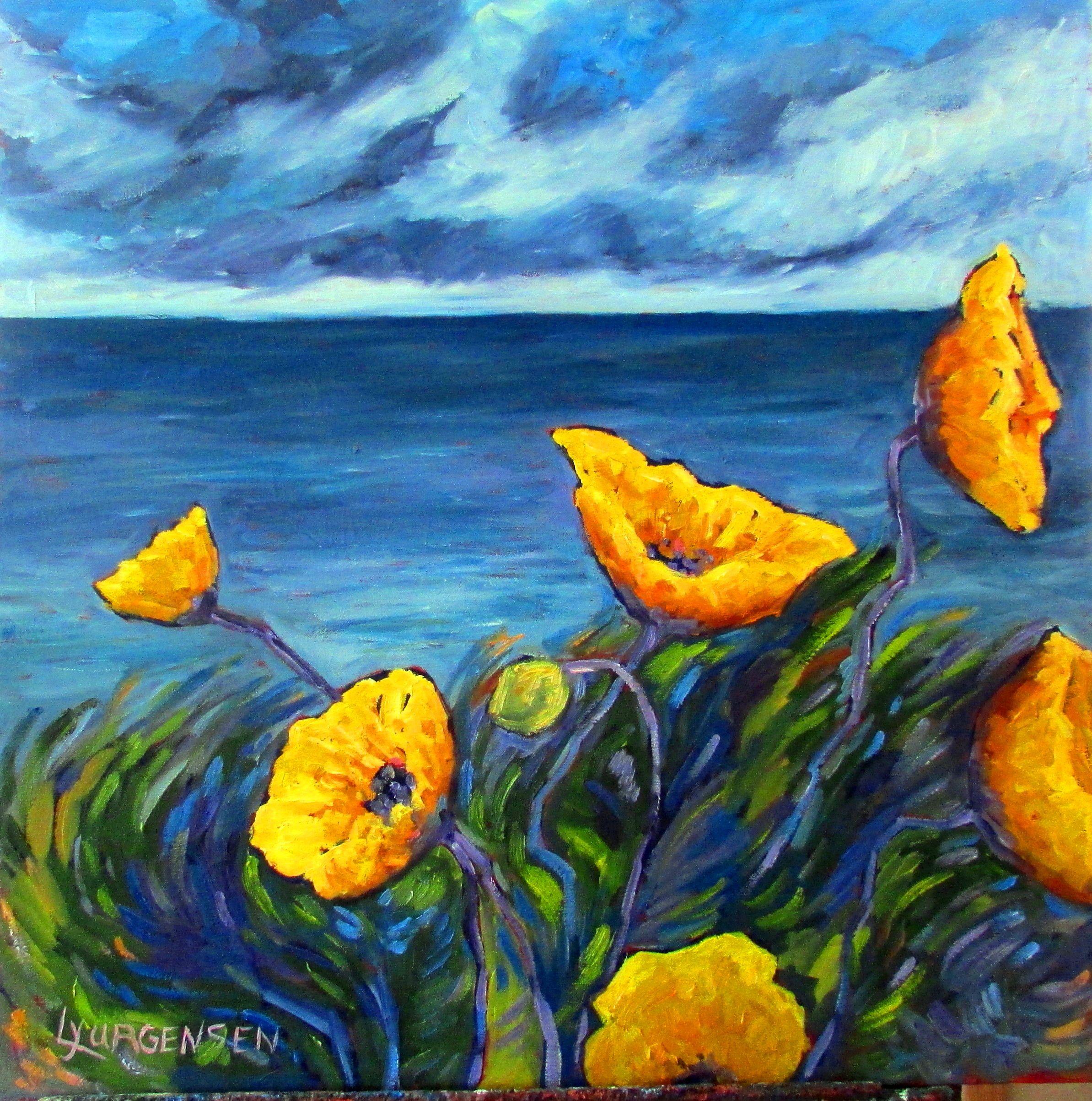 Coquelicots jaunes, peinture, huile sur toile - Painting de Linda Yurgensen