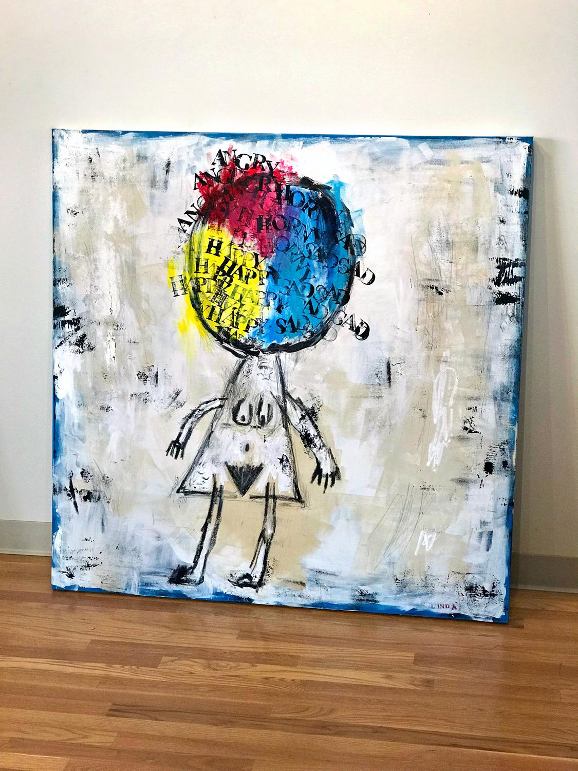 "HAPPY SAD ANGRY HORNY" (2016) by Linda Zacks is a mixed media piece on canvas, measuring 48x48 inches. 

Linda is an artist working with representational and abstract urban themes and textures.  Linda Zacks is part paint, part poetry. Nothing is