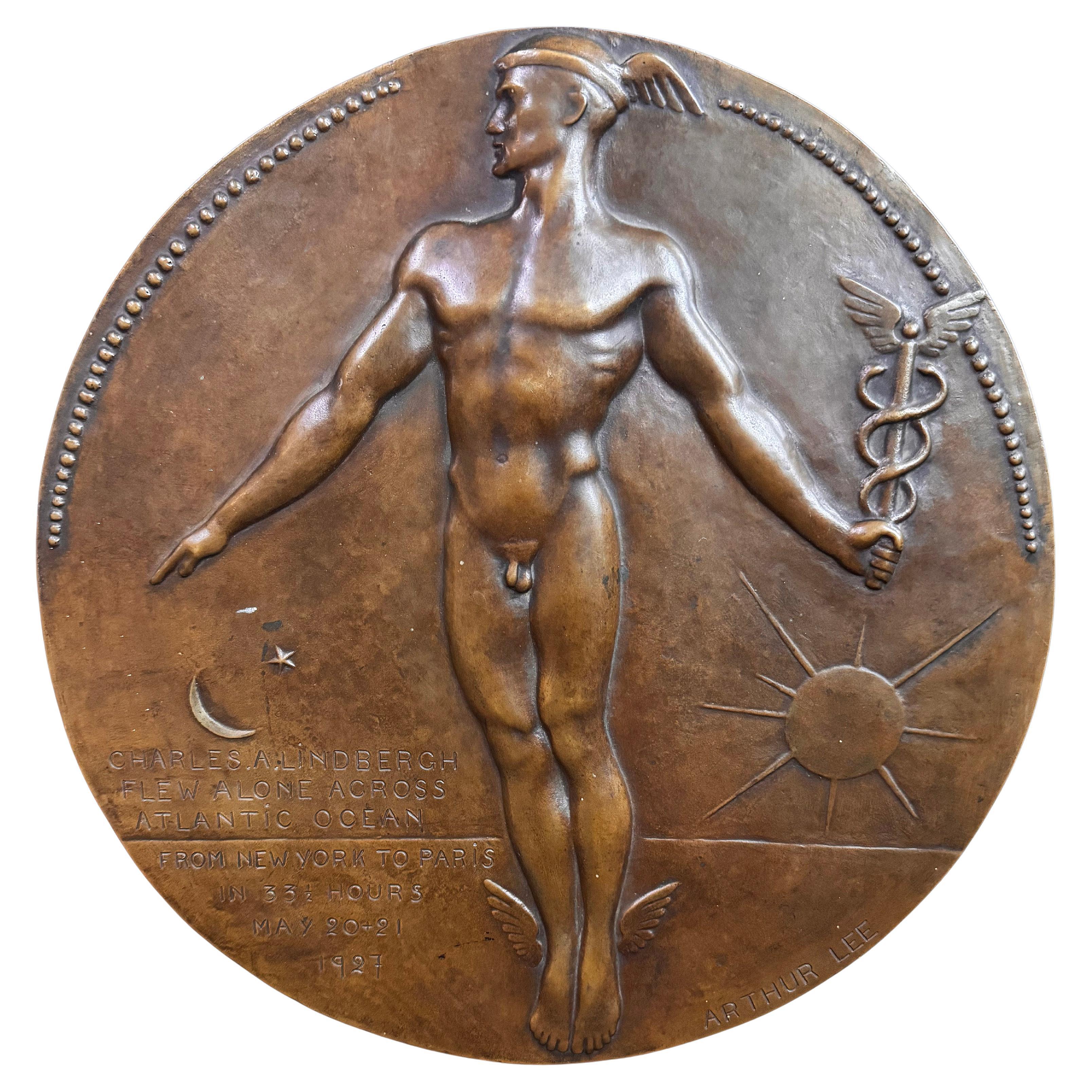 "Lindbergh Commemoration", Large, Rare Sculptural Relief with Nude Male by Lee