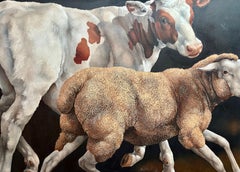 Climo 1987 Grande huile sur toile intitulée "A Calf and a Yearling" (Un veau et un enfant d'un an)