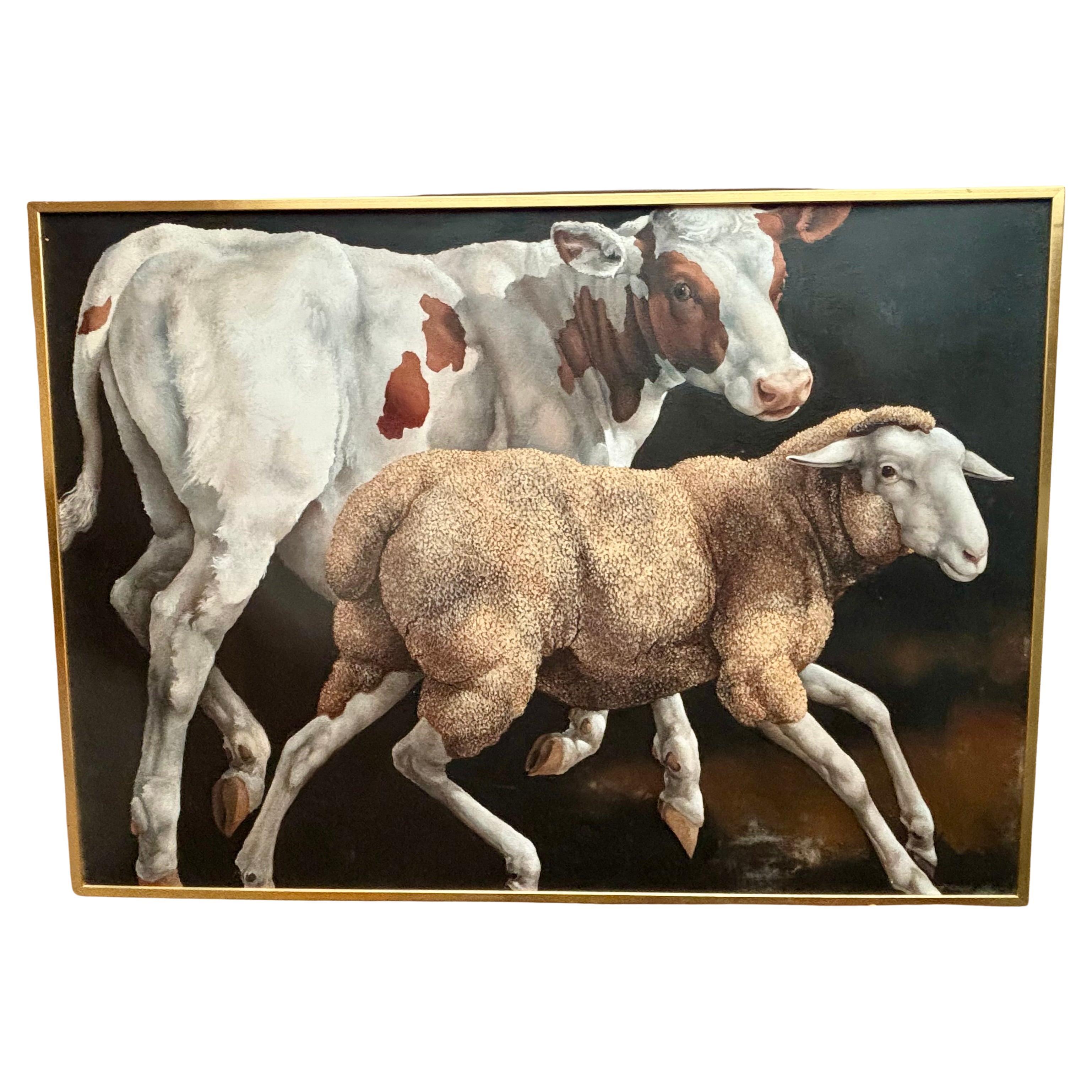 Lindee Climo 1987 lOleo grande sobre lienzo titulado "Un ternero y un añojo" en venta