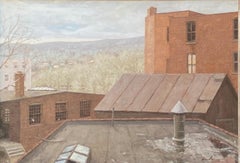 "Factory Town" Pittura a olio industriale americana contemporanea Maine 1987 Realismo