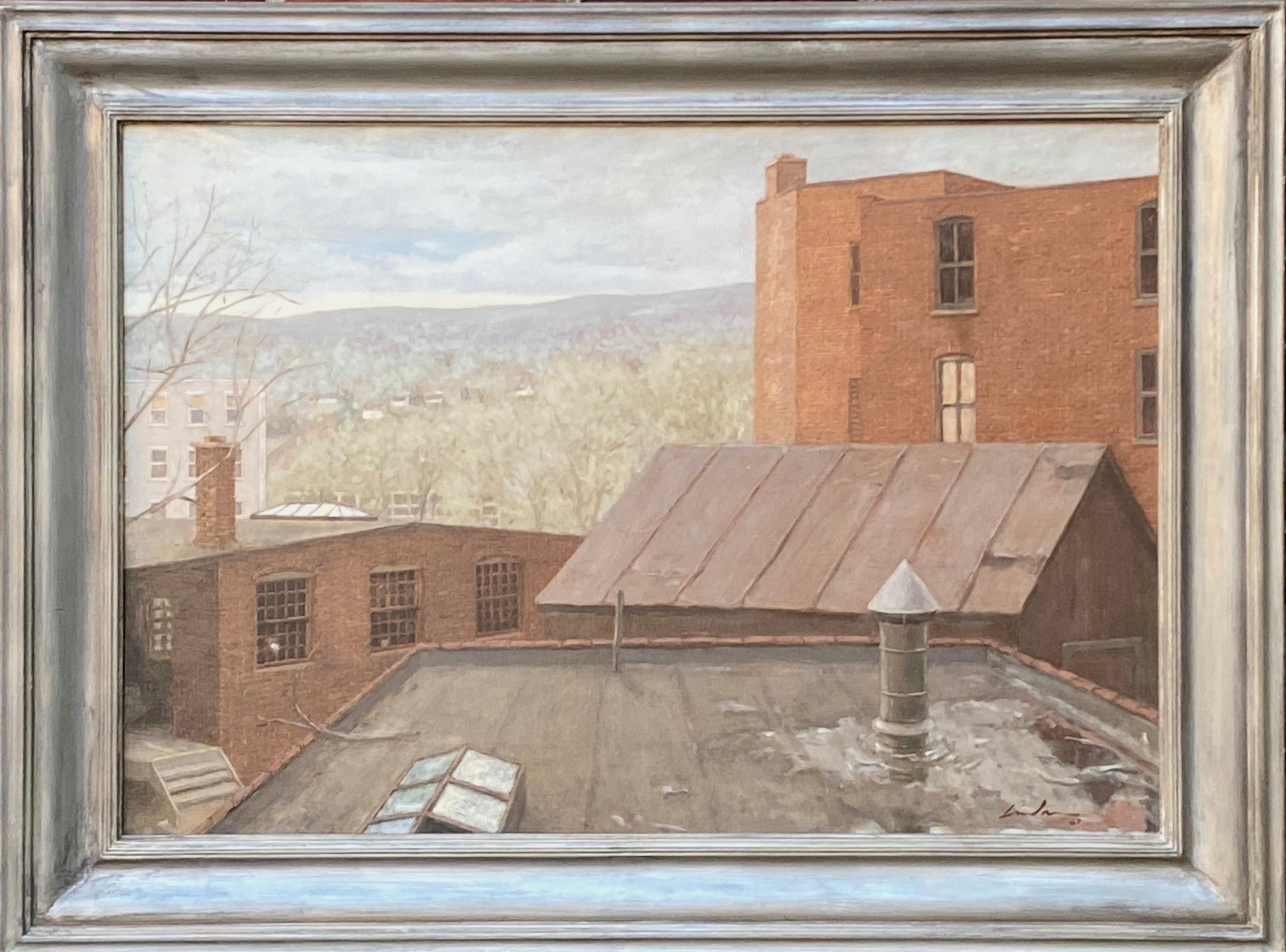 Linden Frederick Landscape Painting - "Factory Town" Contemporary American Industrial Oil Painting Maine 1987 Realism