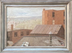 "Factory Townes" Peinture à l'huile industrielle américaine contemporaine Maine 1987 Réalisme