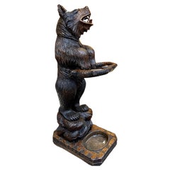 Linden Wood Umbrella Stand in Form of a Standing Bear on Base Late 19th Century