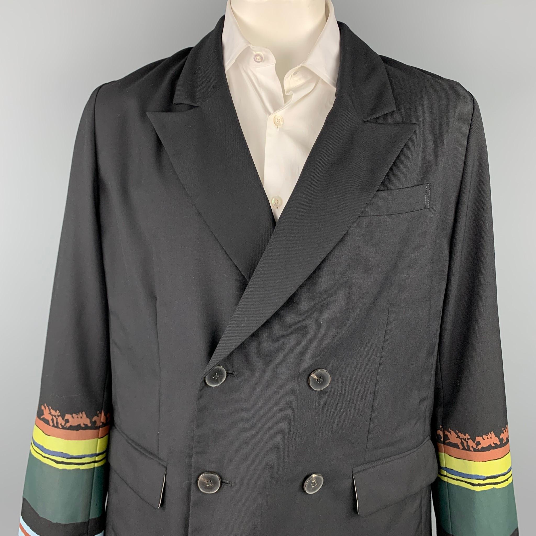 LINDER sport coat comes in a black wool / polyester with a striped trim sleeve detail featuring a peak lapel, flap pockets, and a double breasted closure. Made in USA.

New With Tags. 
Marked: 50
Original Retail Price: