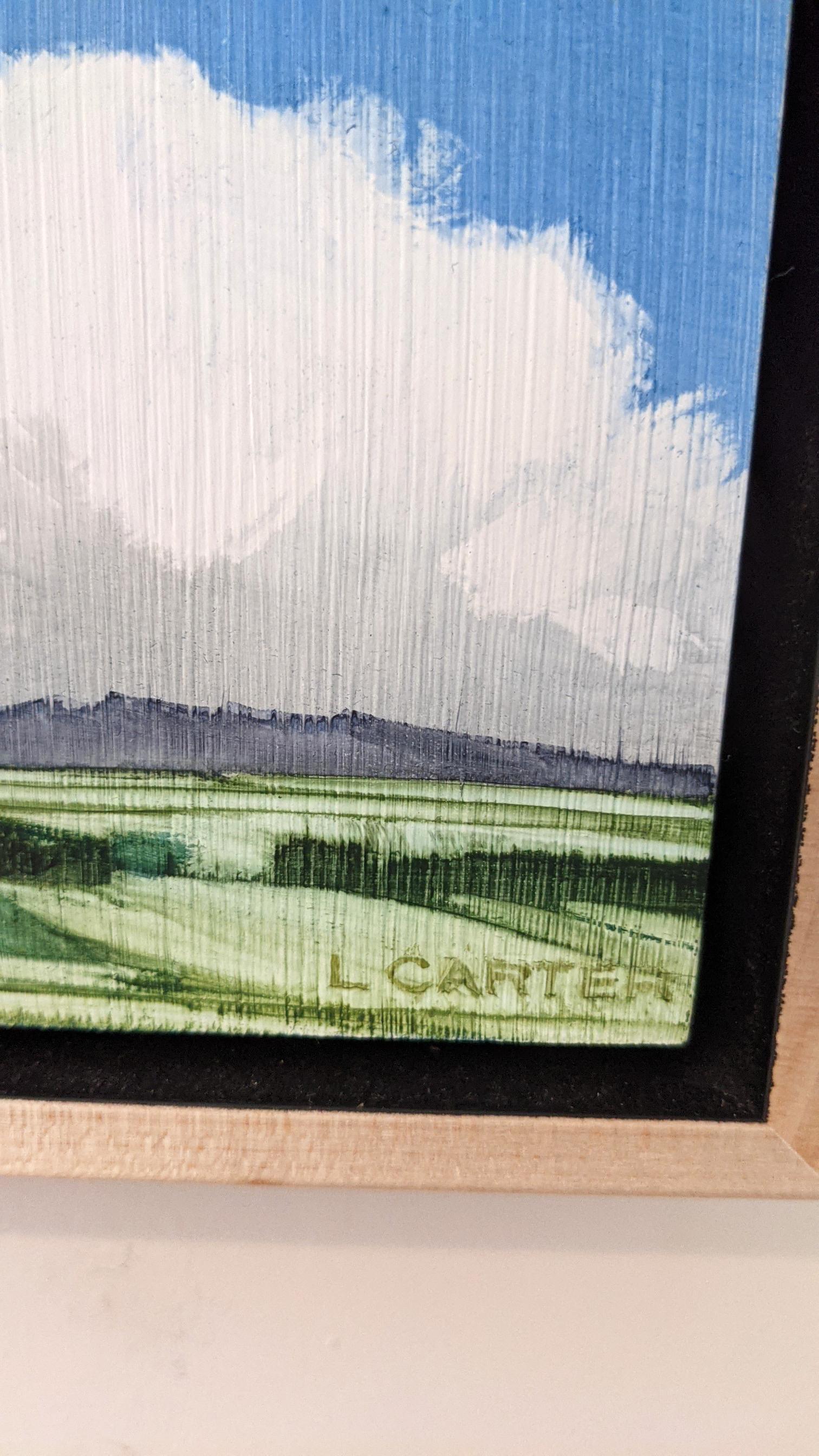 Assertive (2018), 6 x 6 pouces (taille encadrée : 7,5 x 7,5 pouces), aquarelle sur gesso sur panneau par Lindey Carter. $560

Les délicats paysages à l'aquarelle de Lindey Carter sont si peu nombreux qu'ils frôlent l'abstraction. Comme le dit