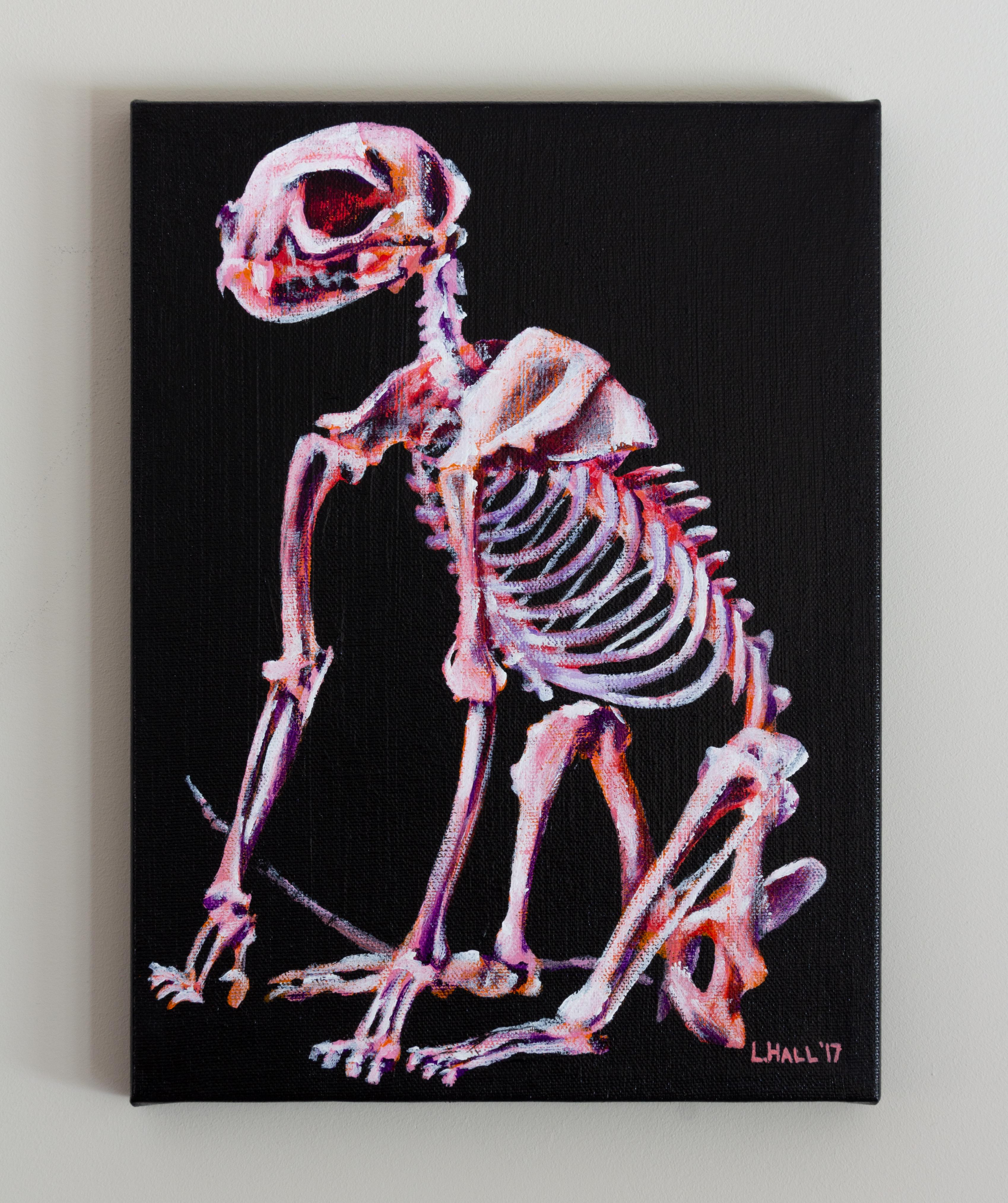 Squelette de chat, peinture contemporaine originale signée noire et rose sur toile - Contemporain Painting par Lindsay Hall