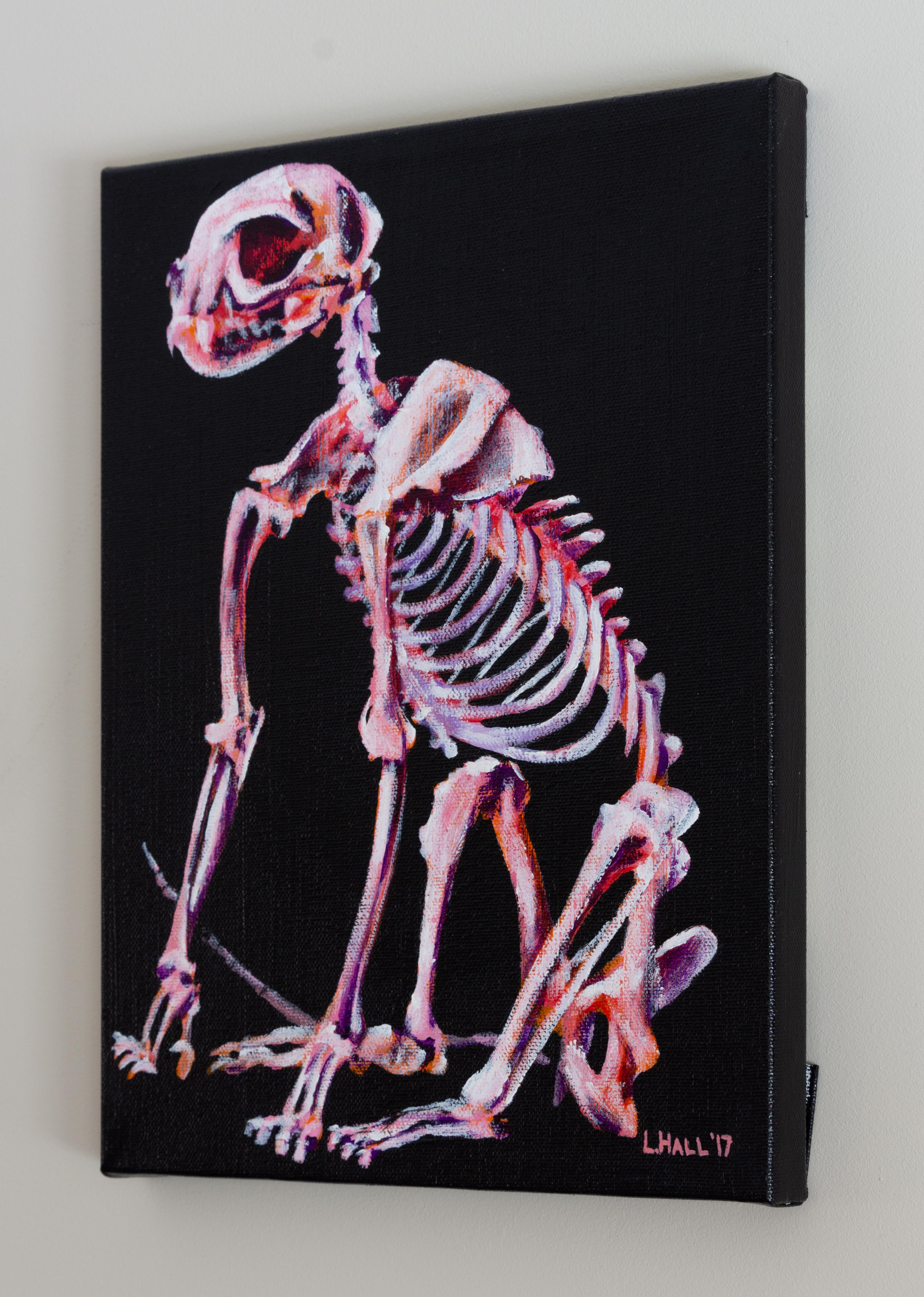 Squelette de chat, peinture originale contemporaine signée en noir et rose
12